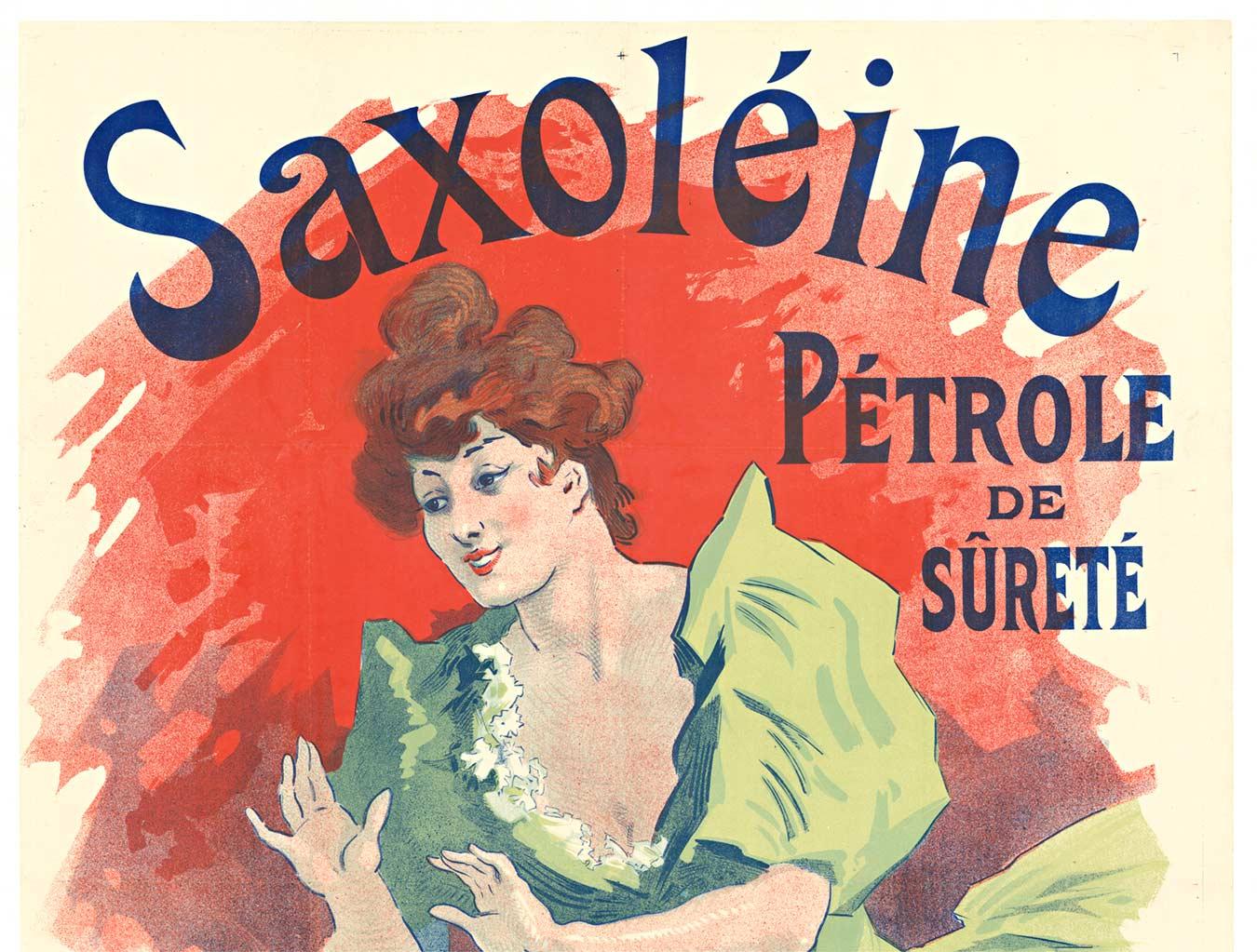 Vintage-Steinlithographie „Saxoleine Petrole Surete“  1900 – Print von Jules Chéret