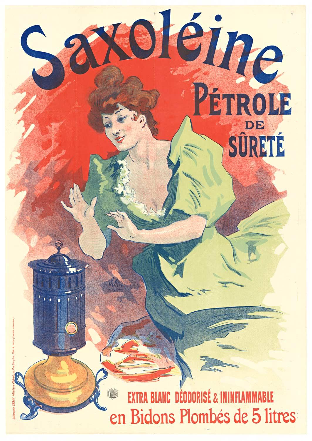 Jules Chéret Portrait Print - Original "Saxoleine Petrole Surete" vintage stone lithograph  1900