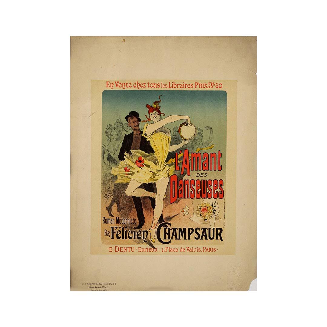 Presenting this vibrant original lithographic poster created in 1896 by Jules Chéret for Les Maîtres de l’Affiche, Plate 45, advertising the novel L’amant des danseuses by Félicien Champsaur. This poster exemplifies Chéret’s signature style,