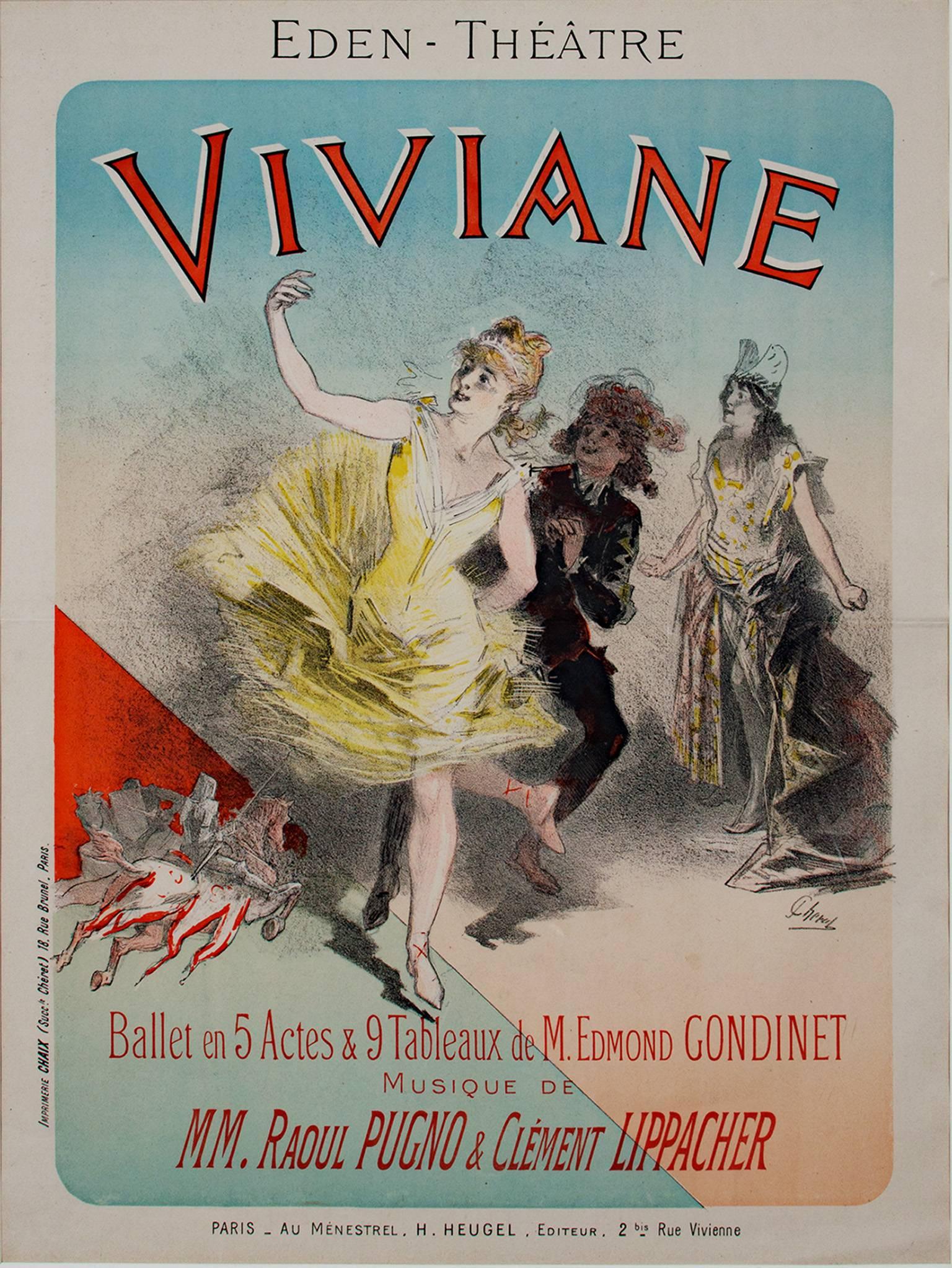 Jules Chéret Figurative Print - ballet dancer with yellow dress late 19th century color lithograph poster