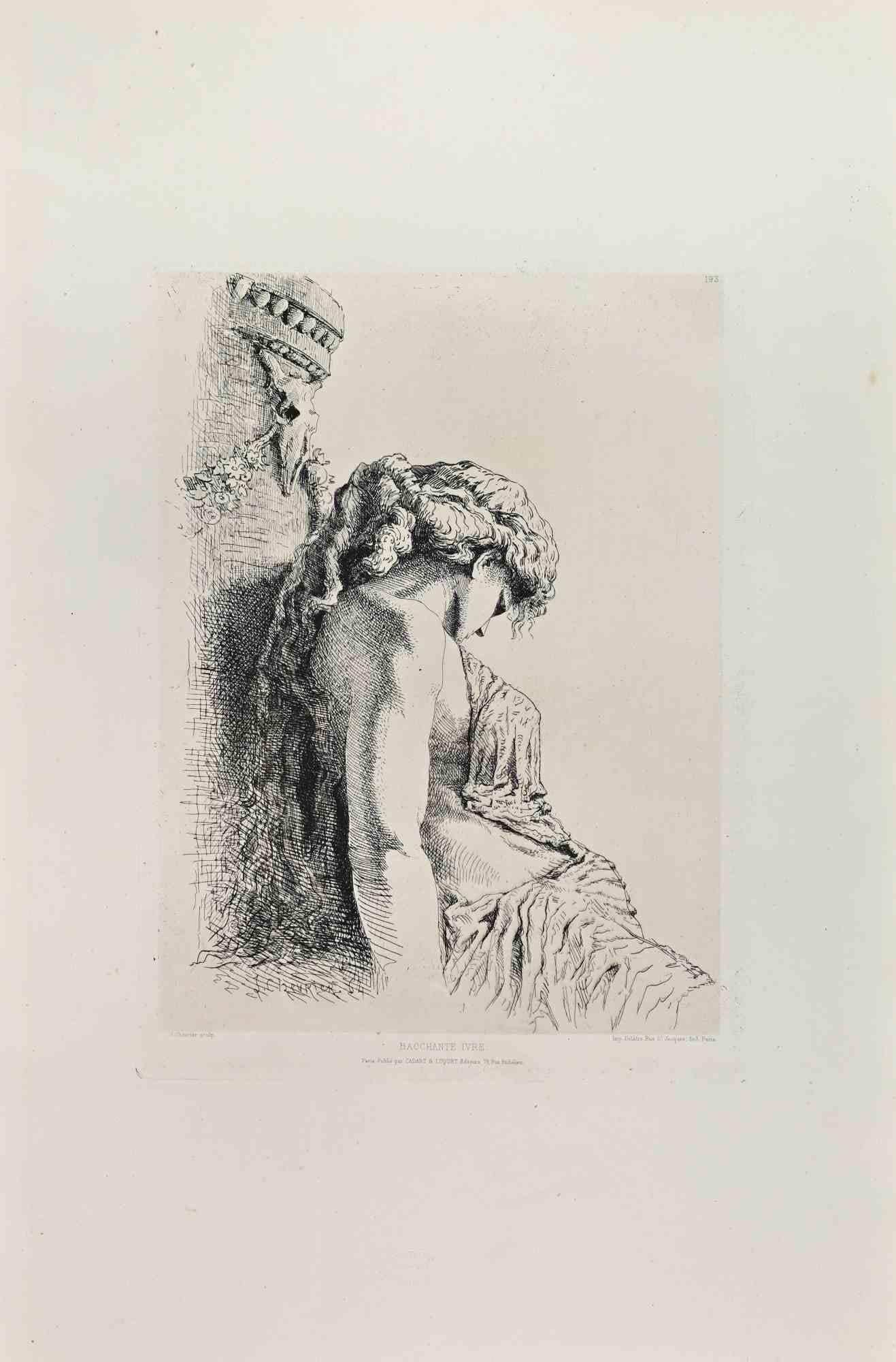 Bacchante Ivre is a black and White etching realized by Jules Chevrier in the 1860s. 

Titled in the lower.

Image size: 32x23.

Very good impression with wide margins and a very fresh inking.

Realized for the "Société des Aquafortistes. Born on
