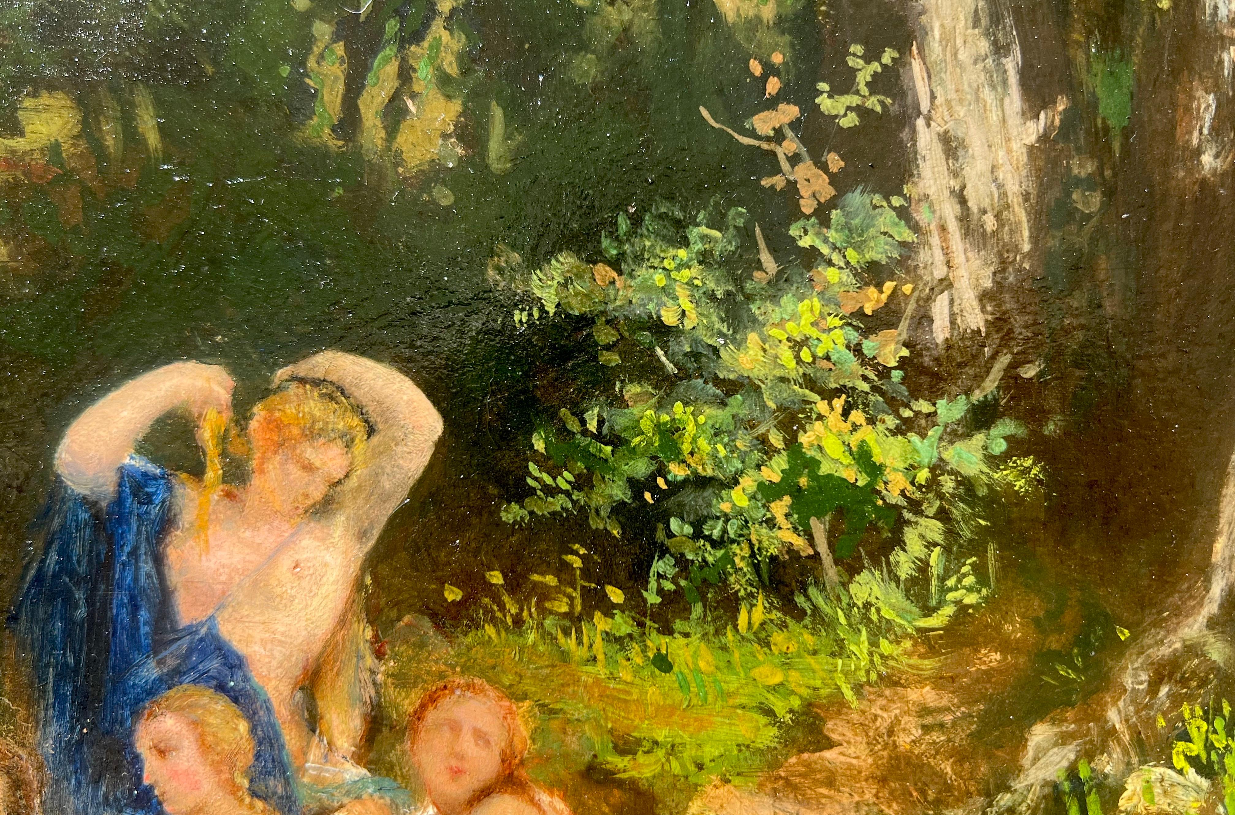Pintura de la escuela francesa de Barbizon del siglo XIX Grupo elegante al aire libre en venta 5
