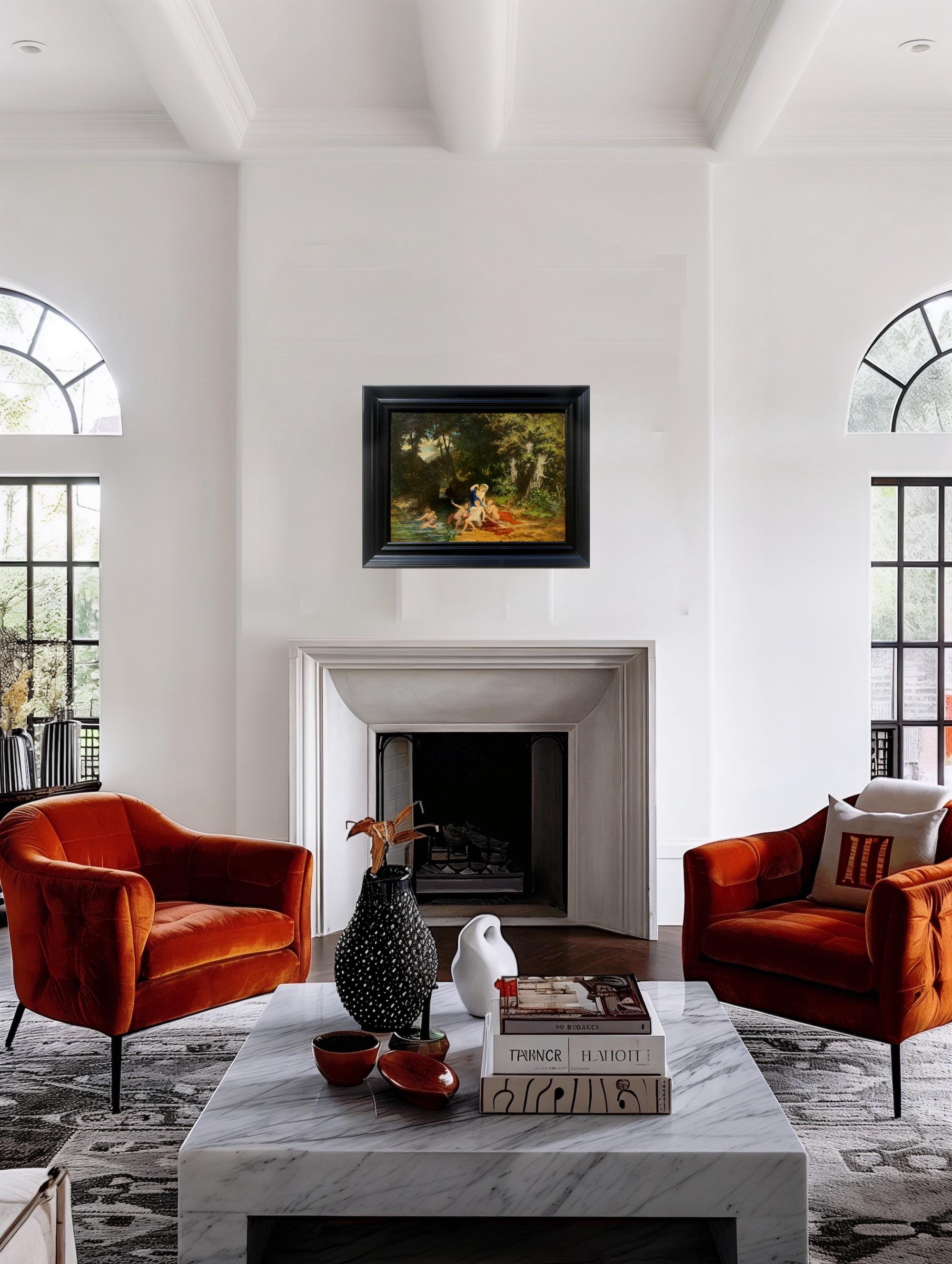 Peinture française de l'école de Barbizon du 19e siècle Élégant groupe à l'extérieur - Painting de Jules Coignet