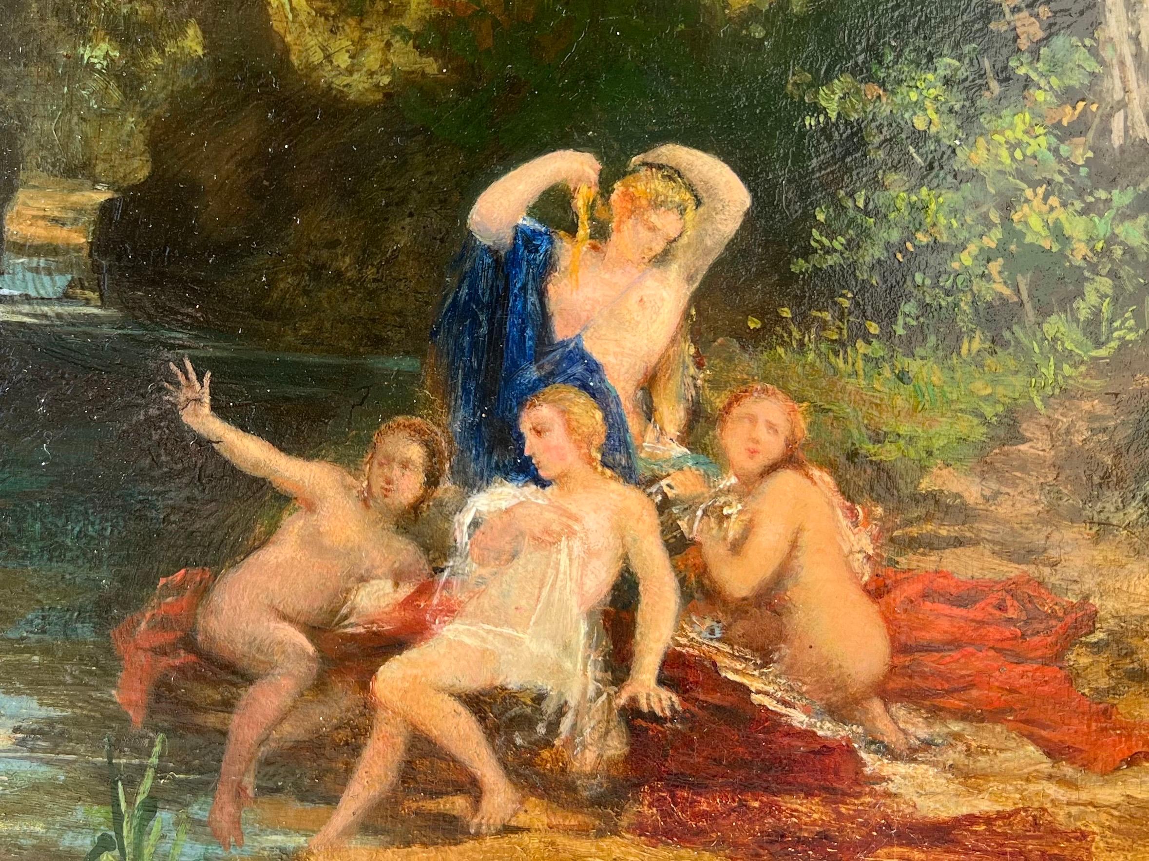 Peinture française de l'école de Barbizon du 19e siècle Élégant groupe à l'extérieur - Impressionnisme Painting par Jules Coignet