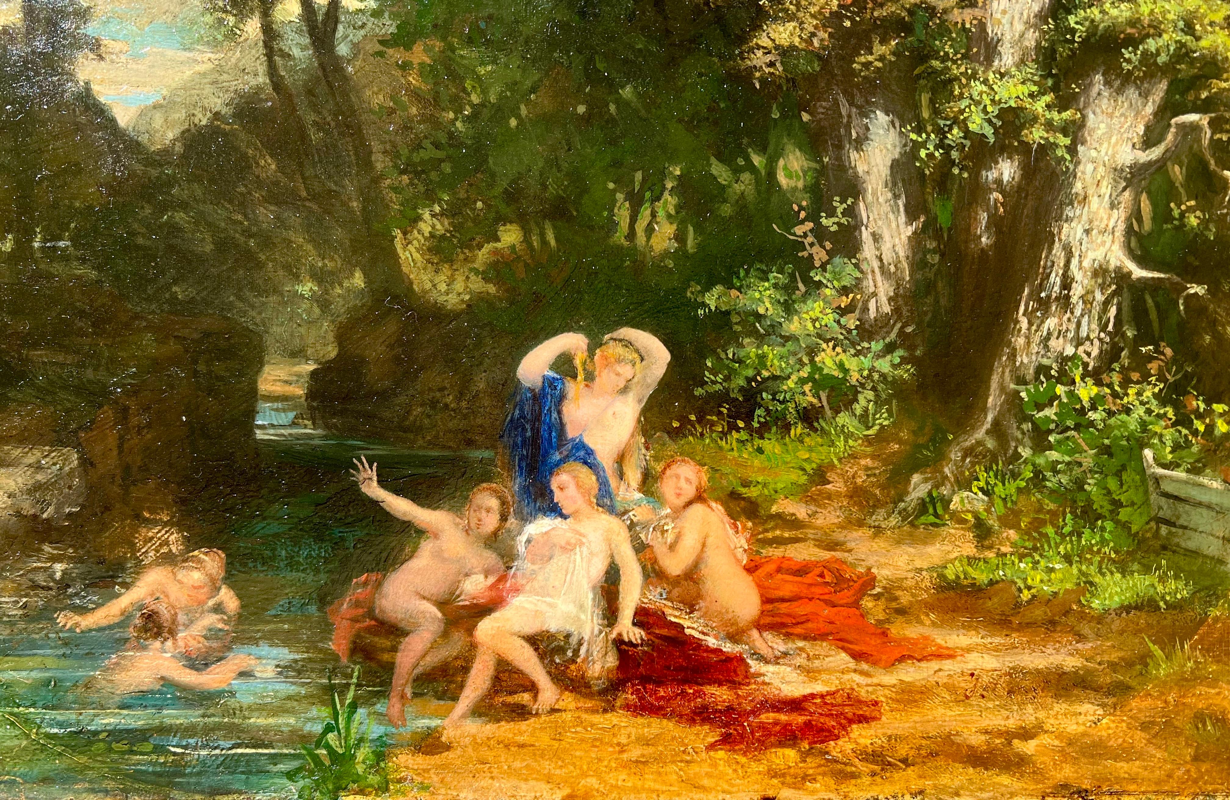 Peinture française de l'école de Barbizon du 19e siècle Élégant groupe à l'extérieur en vente 2