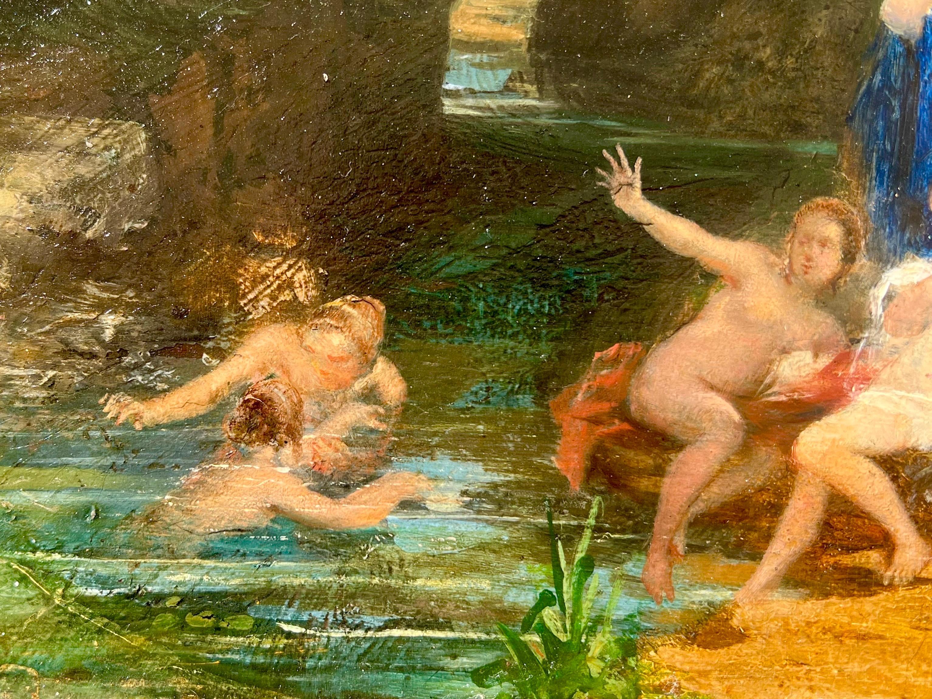 Pintura de la escuela francesa de Barbizon del siglo XIX Grupo elegante al aire libre en venta 4