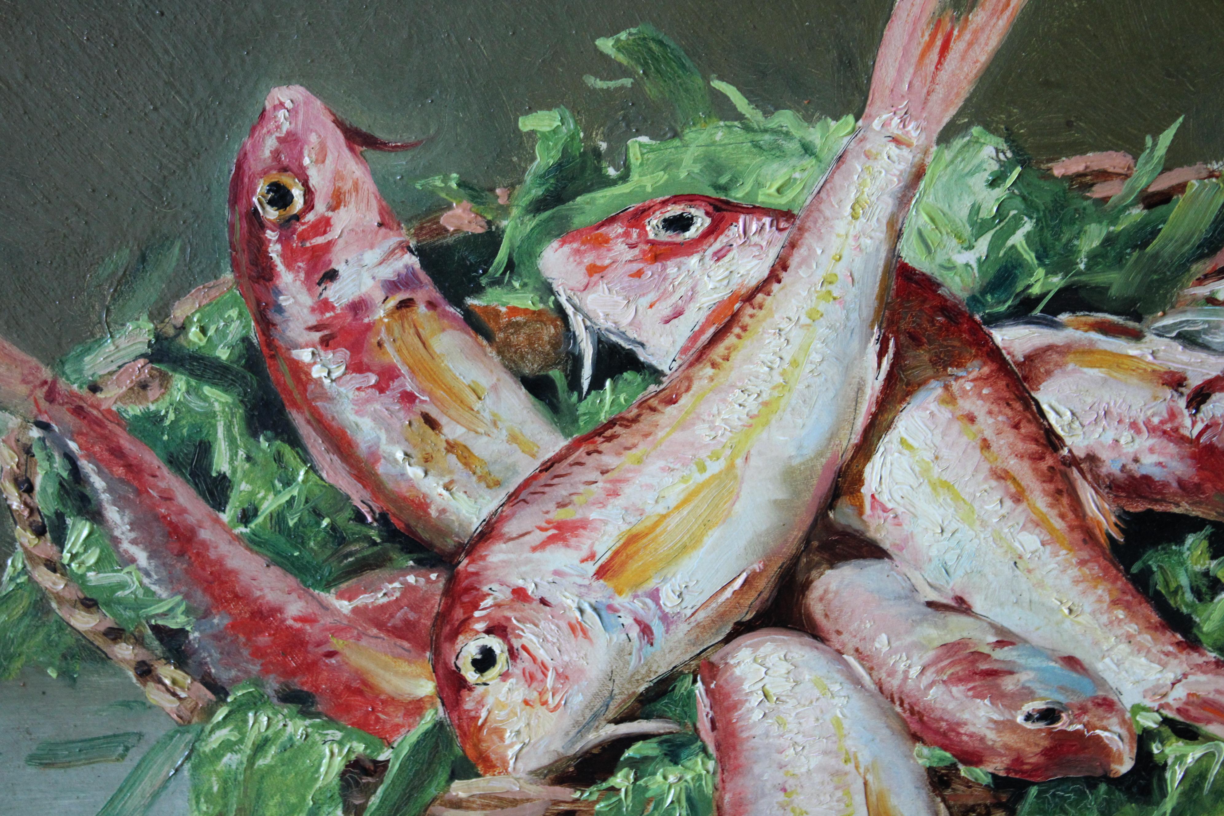 19th Century Antique French Still Life of fish, Original Oil Painting on wood 1
