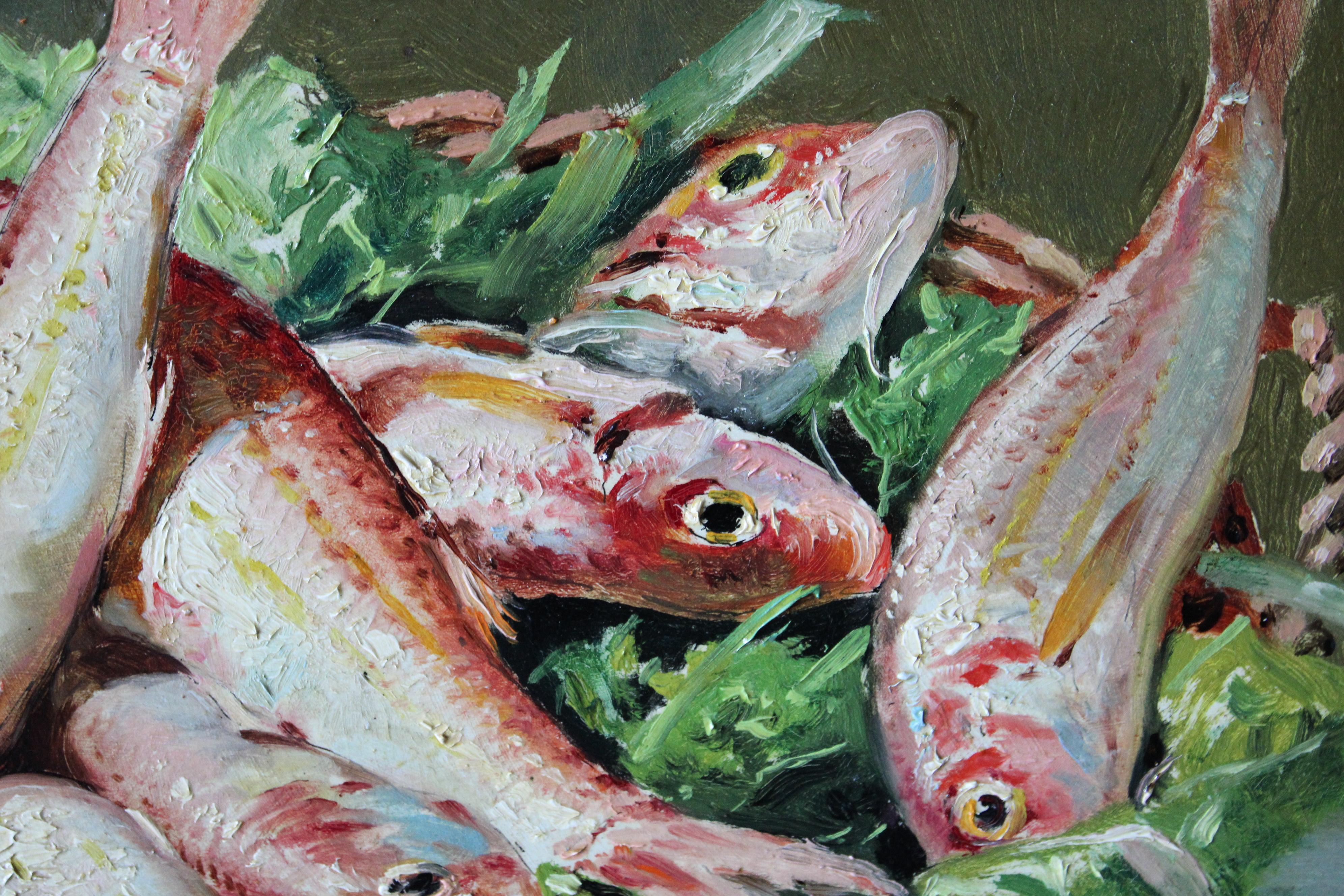 19th Century Antique French Still Life of fish, Original Oil Painting on wood 2