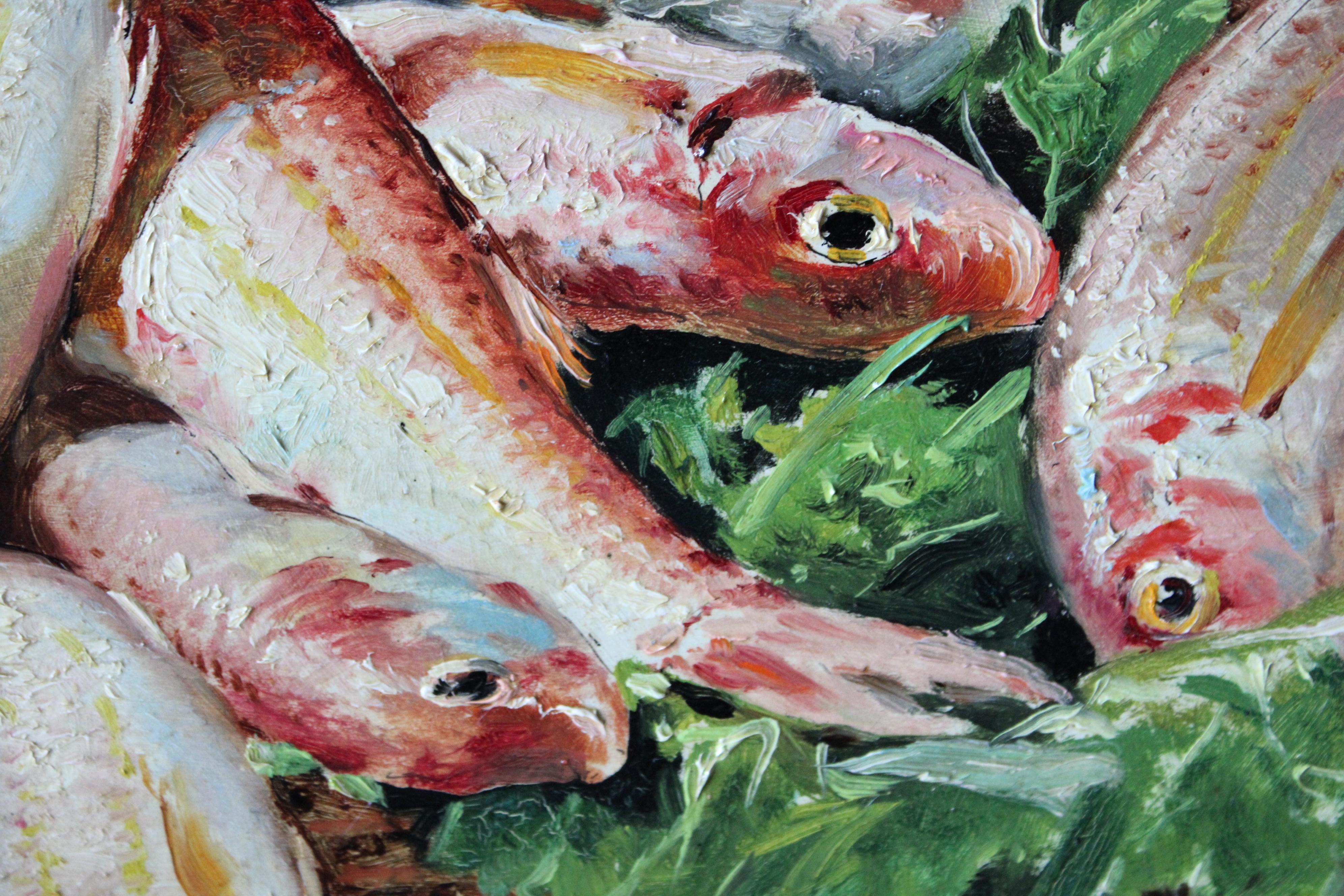 19th Century Antique French Still Life of fish, Original Oil Painting on wood 3
