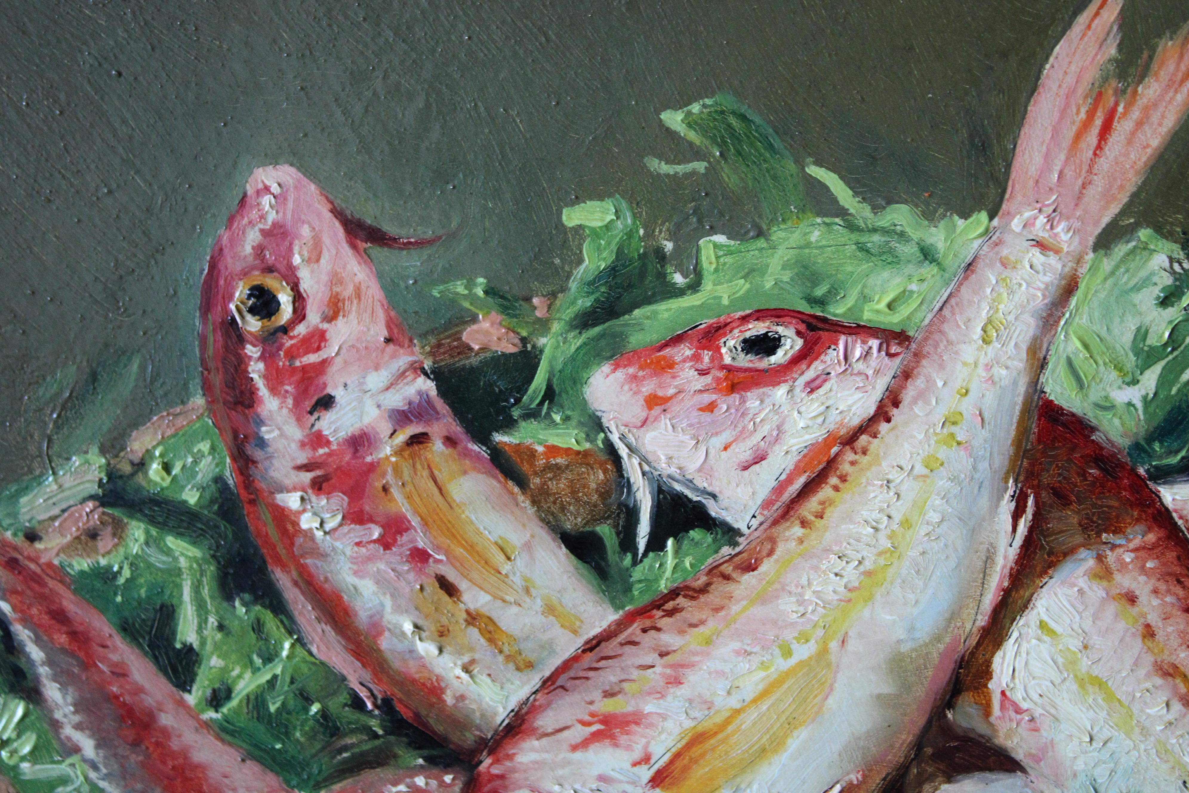 19th Century Antique French Still Life of fish, Original Oil Painting on wood 4