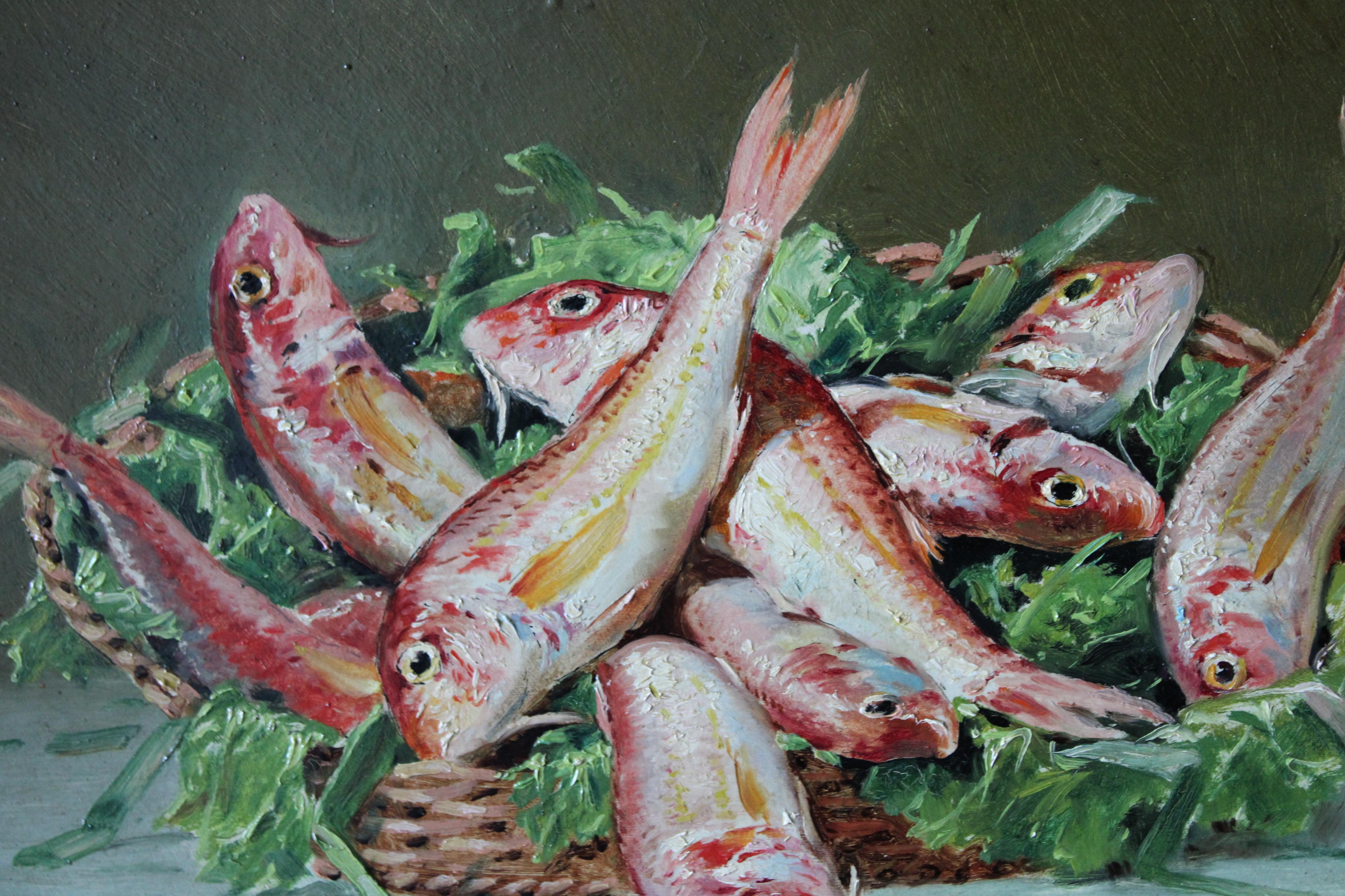 19th Century Antique French Still Life of fish, Original Oil Painting on wood 5