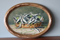 Antique French Still Life di pesci del XIX secolo, Pittura ad olio originale su legno