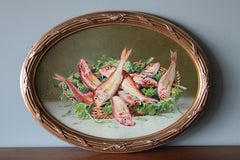 19th Century Antique French Still Life of fish, Original Oil Painting on wood