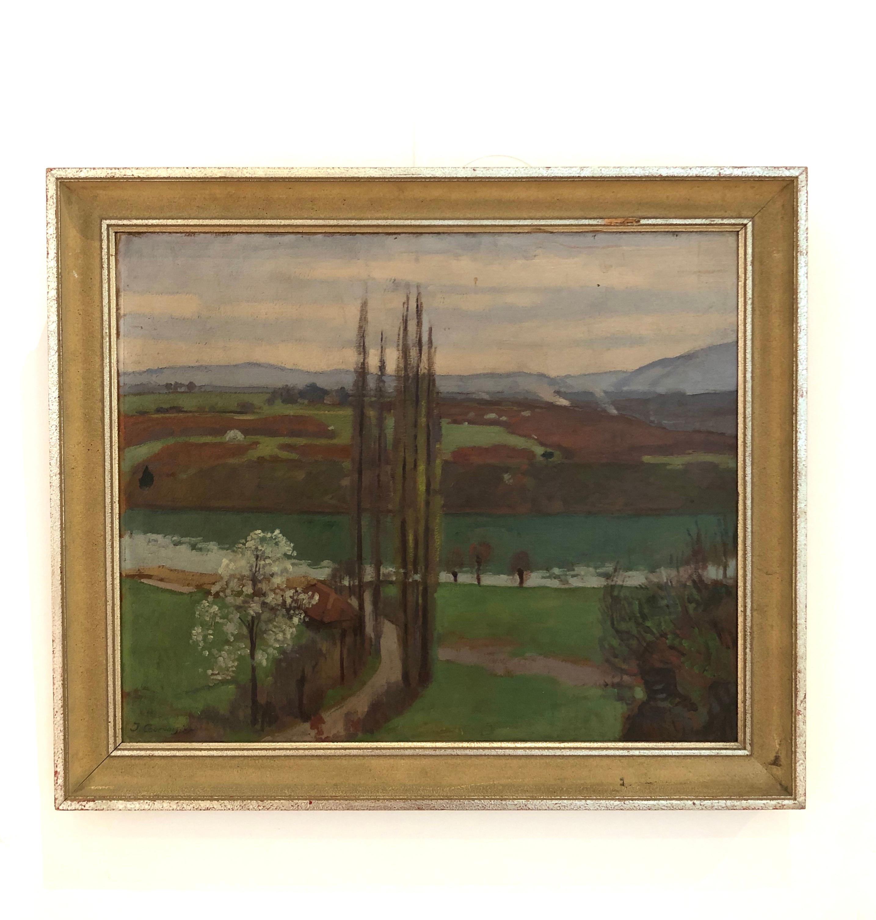 Countryside spring landscape and Jura - Painting by Jules Courvoisier