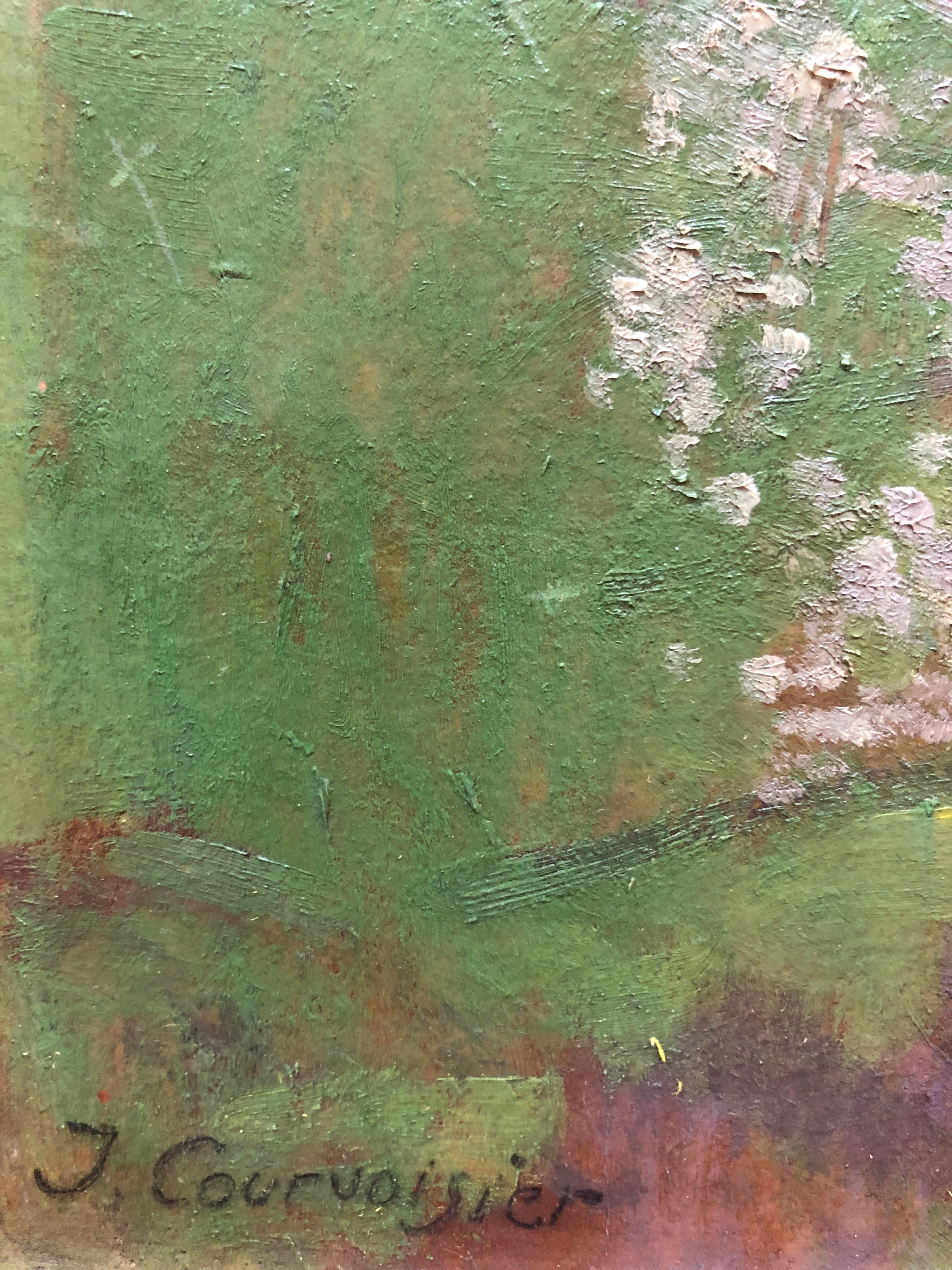 Paysage de printemps et Jura de campagne - Marron Landscape Painting par Jules Courvoisier