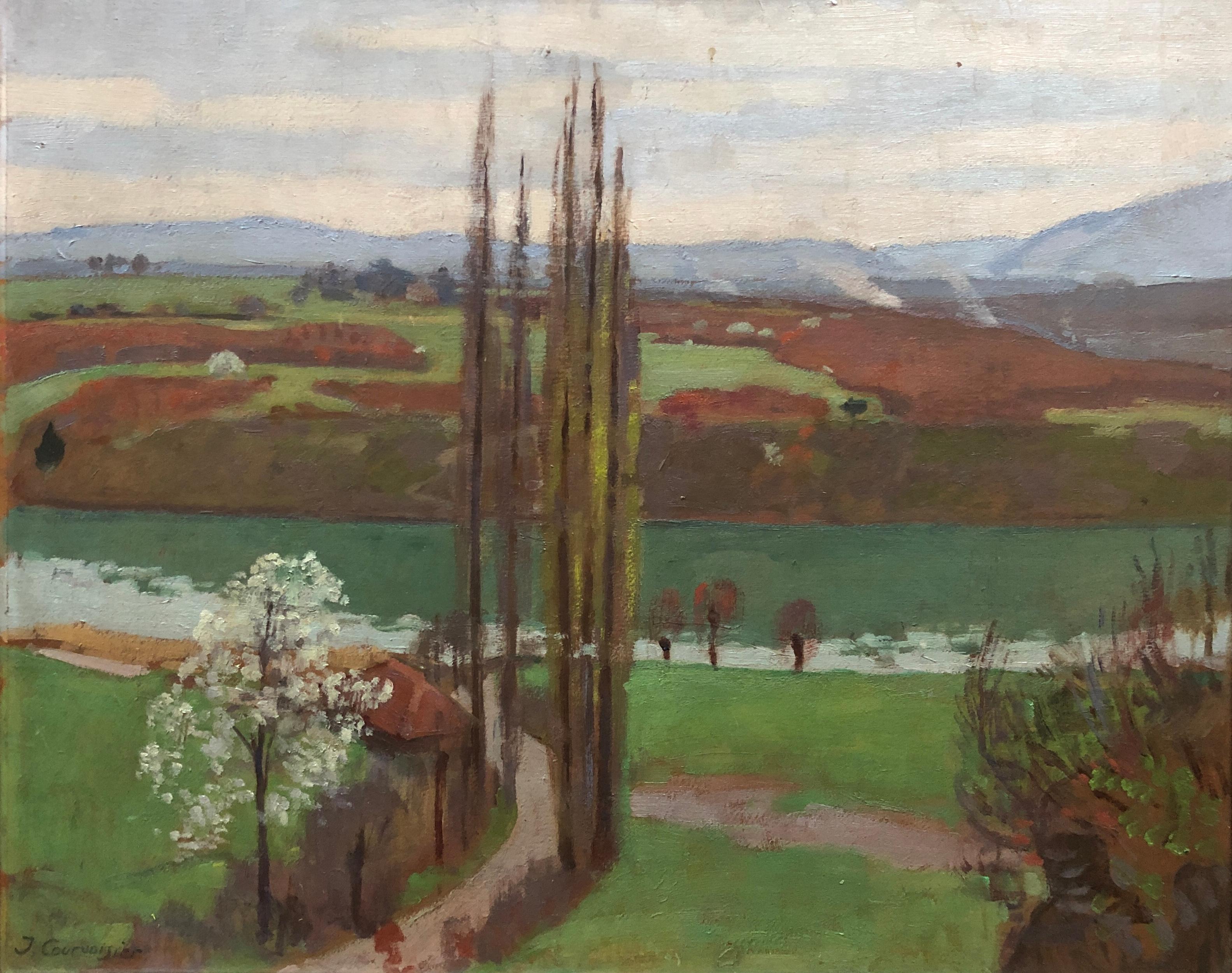 Landscape Painting Jules Courvoisier - Paysage de printemps et Jura de campagne