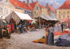 Market day in Nieuport, Belgium, painting, Tiffany, impressionism