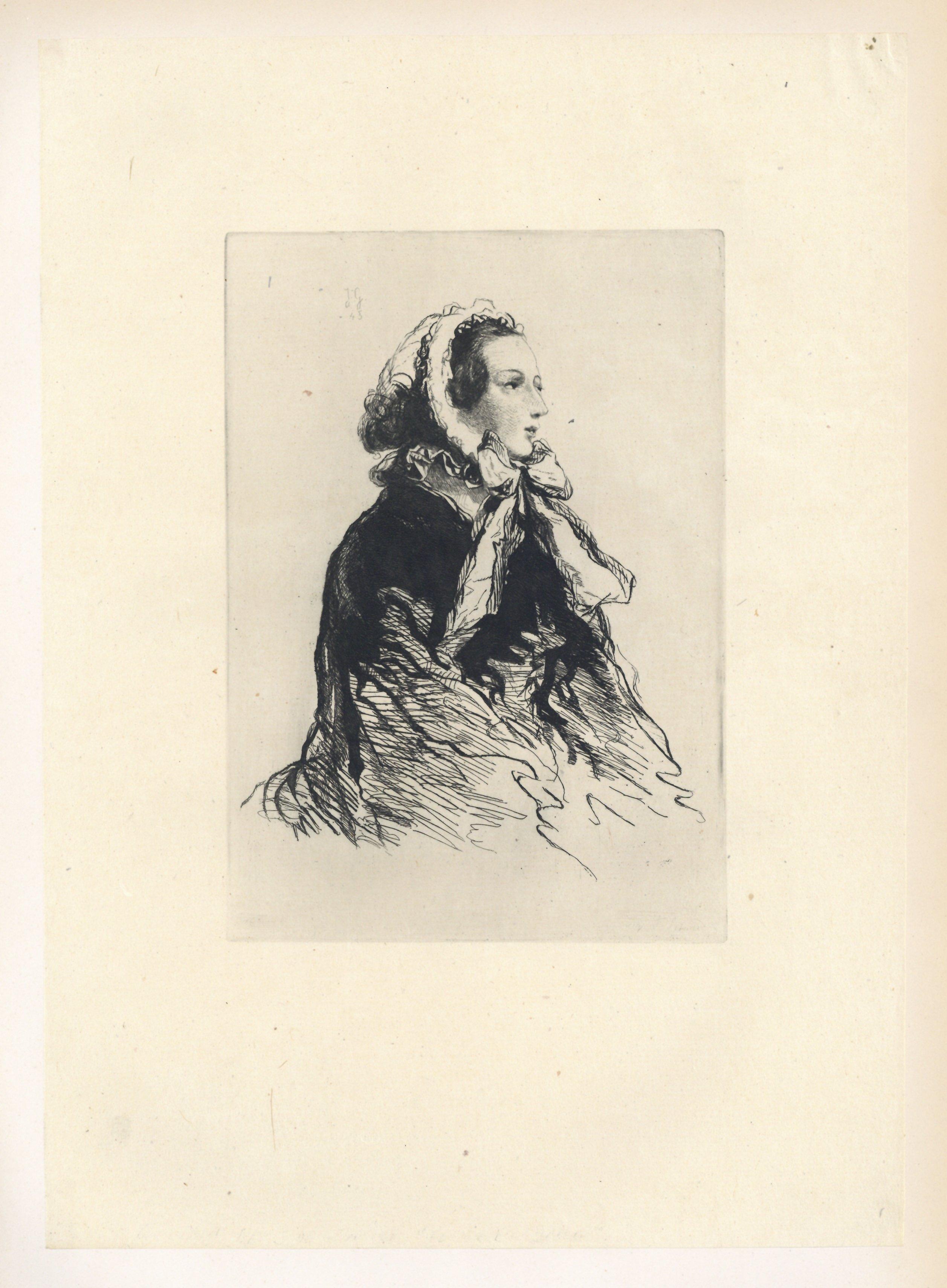 "La femme en chapeau" etching - Print by Jules de Goncourt
