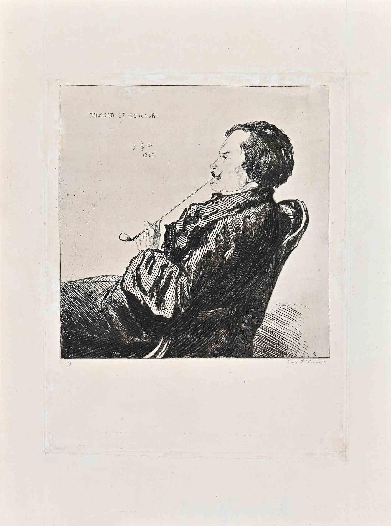 Portrait of Edmond de Goncourt is an Etching realized in 1860 by Jules de Goncourt (1830-1870).

The artwork is based on Gavarni's portrait.

Signature on the lower right corner on the plate. 

Good condition.

Jules de Goncourt (17 December 1830 -