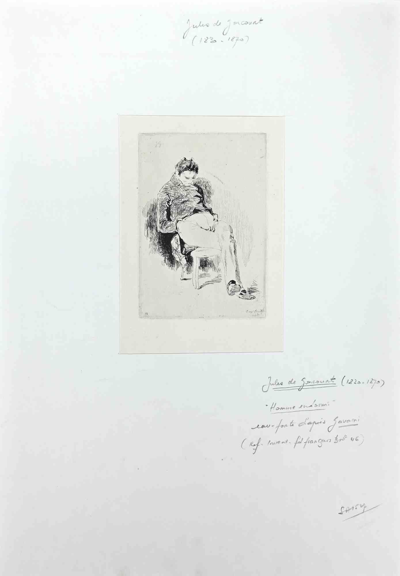 Sleeping Man - Original Etching by Jules de Goncourt - Mid 19th Century