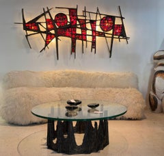 Pia Manu Illuminated Brutalist Wall Sculpture in Steel & Red Stained Glass 1970s