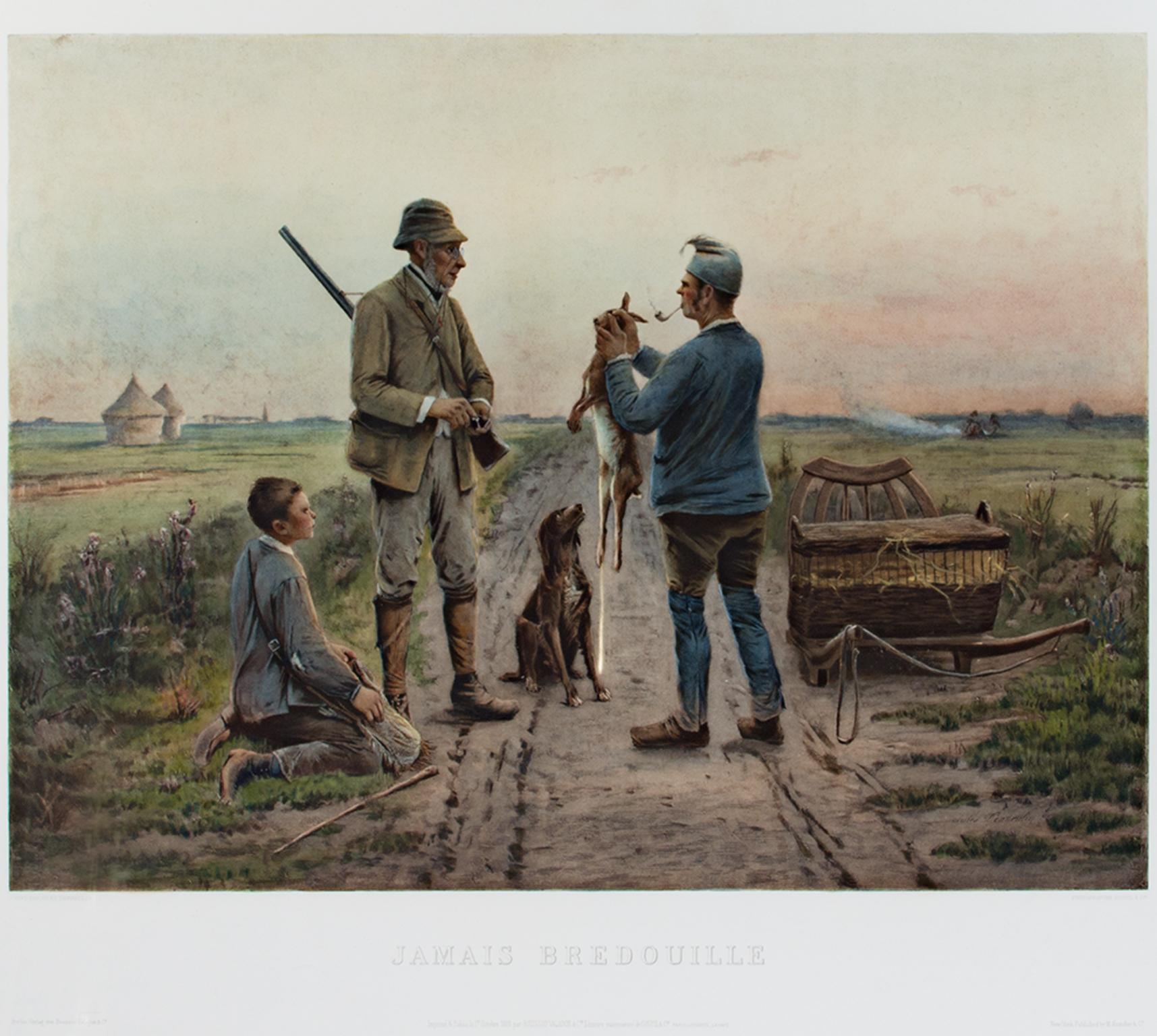 Jules Denneulin Landscape Print - Late 19th century color lithograph figures dog rabbit landscape cart haystacks