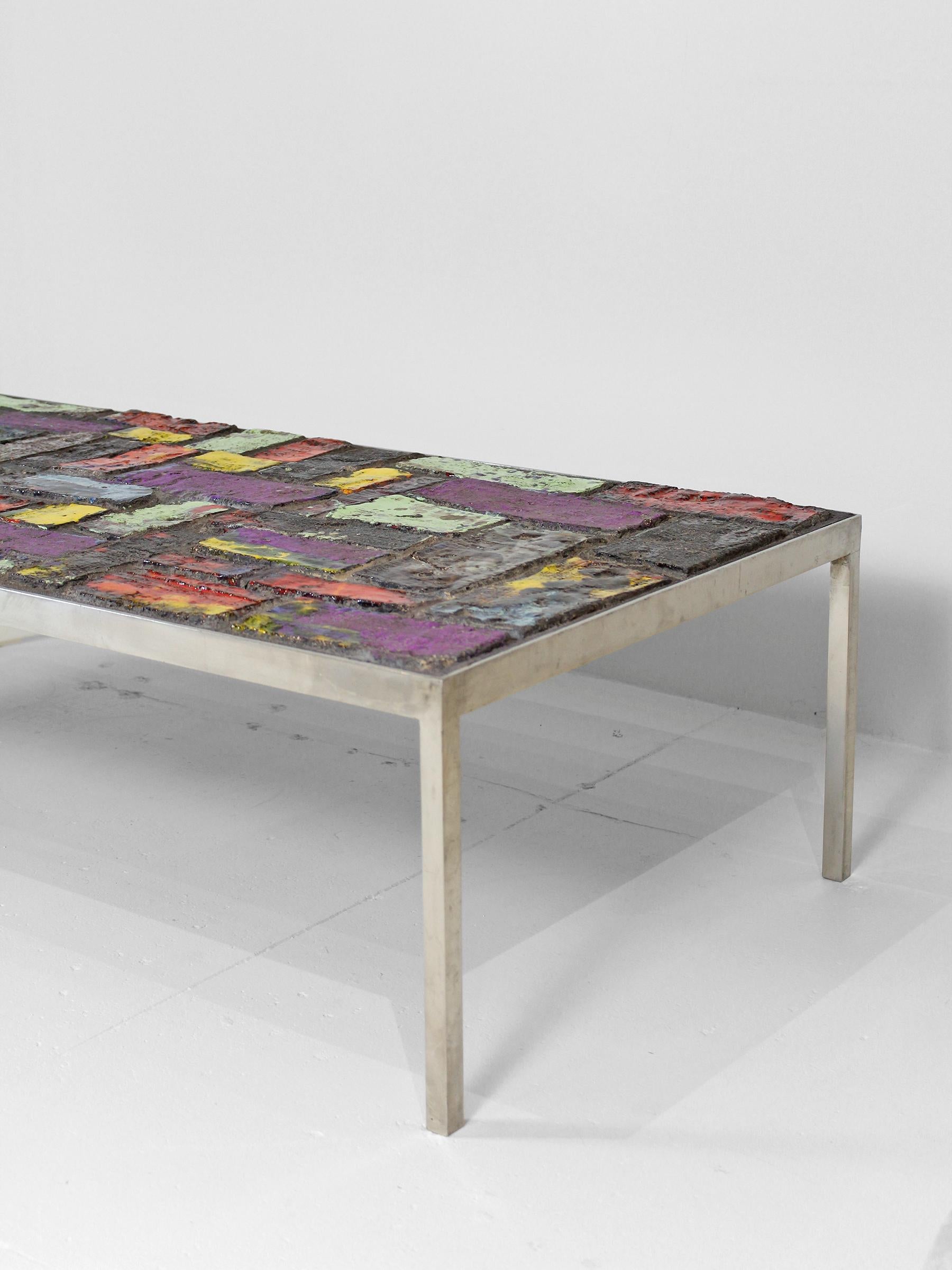 Brutalist Jules Dewaele for Pia Manu Multicolor Ceramic Mosaic Coffee Table For Sale