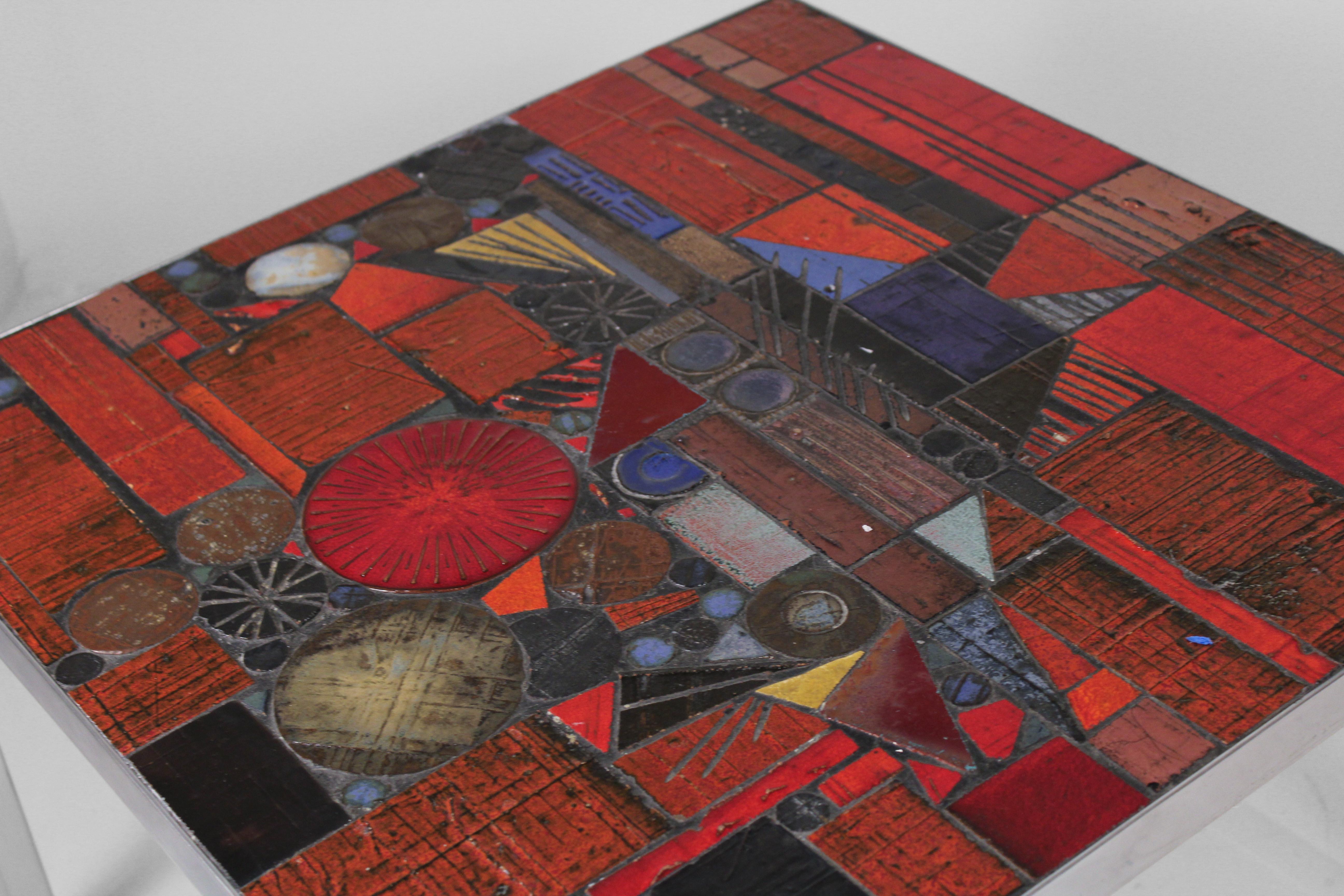 Brutalist Jules Dewaele for Pia Manu Red Ceramic Mosaic Coffee Table For Sale