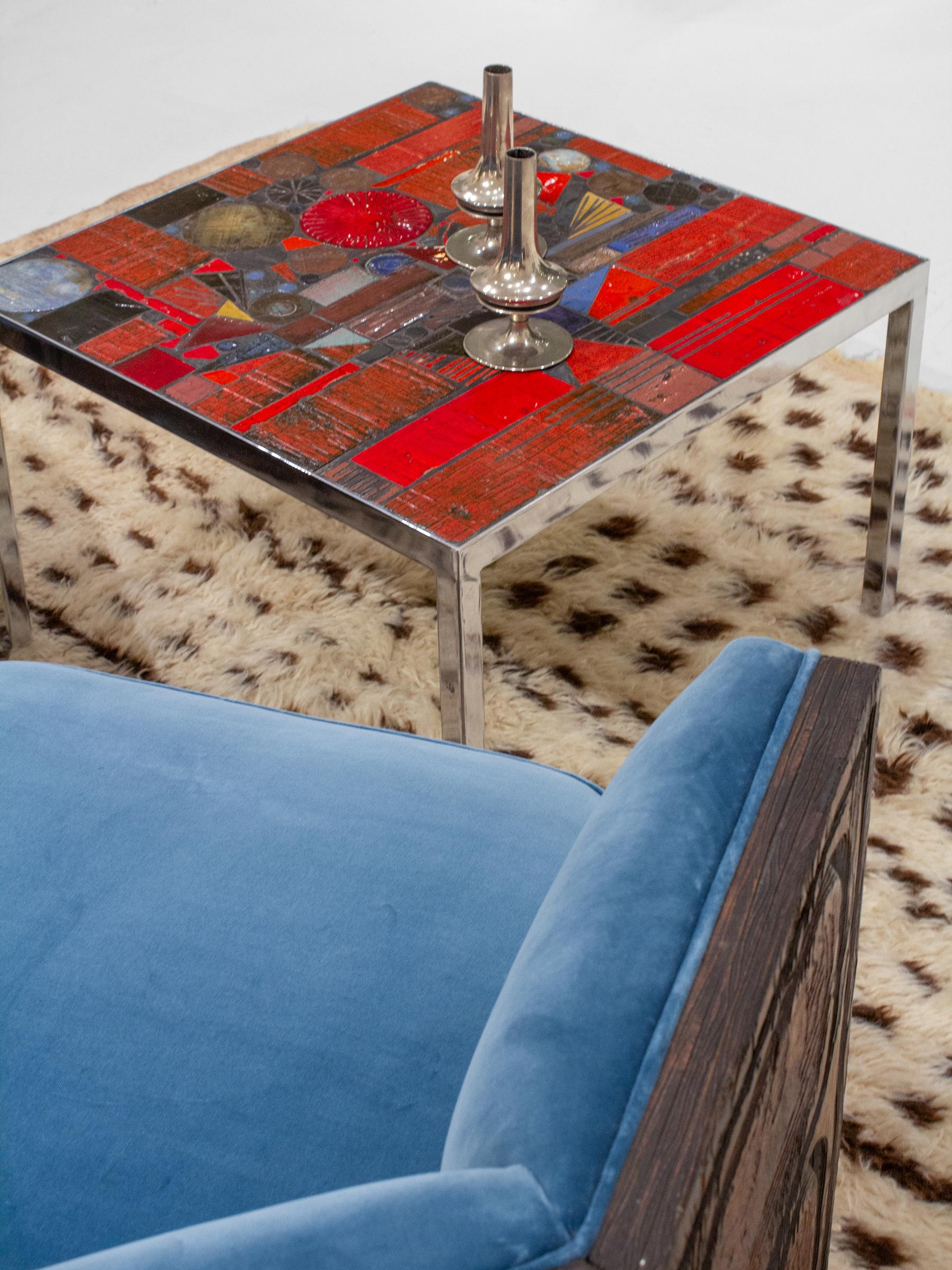 Glazed Jules Dewaele for Pia Manu Red Ceramic Mosaic Coffee Table For Sale