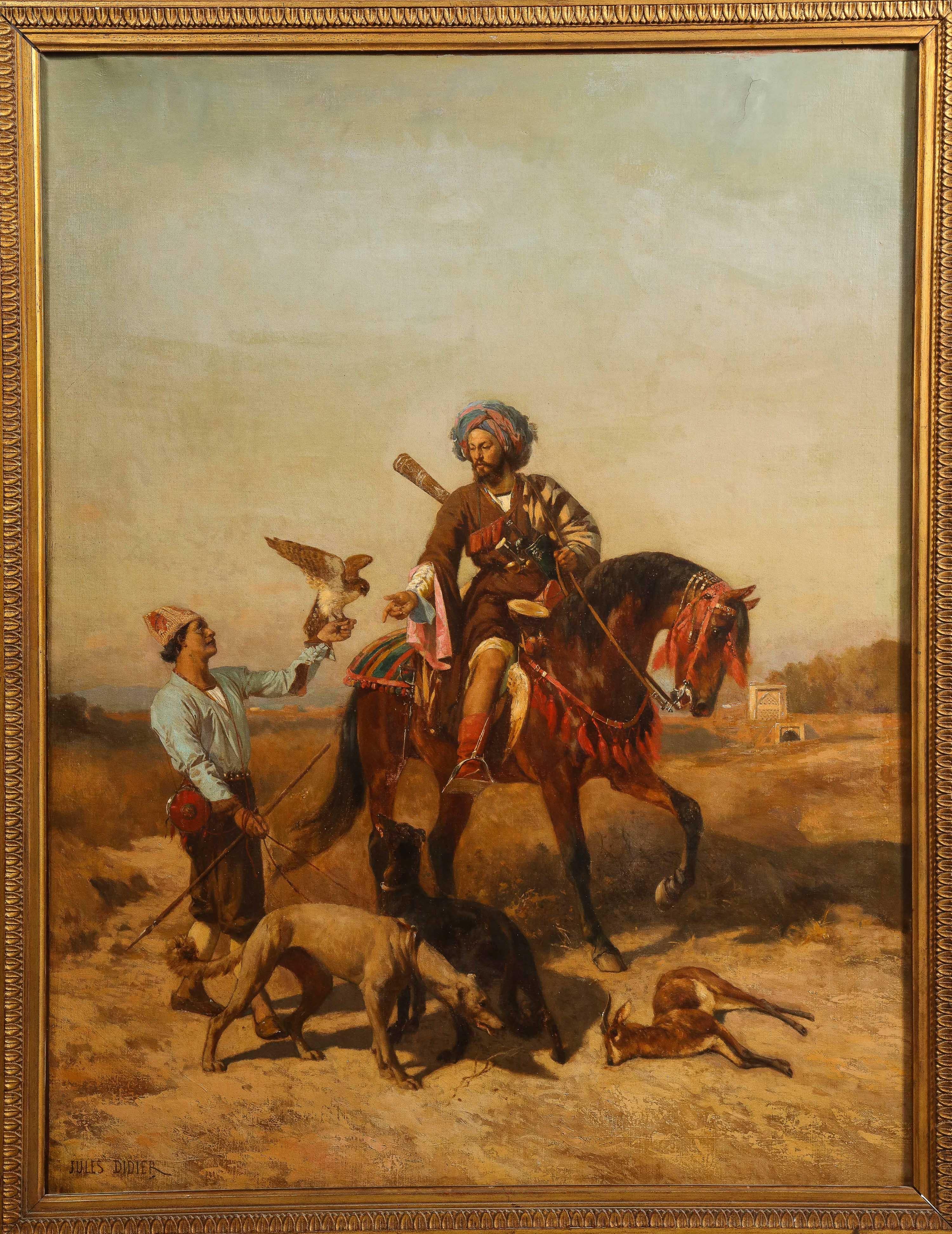 Jules Didier (1831-1892)  Peinture de chasse orientaliste « Le fauconnier » 1