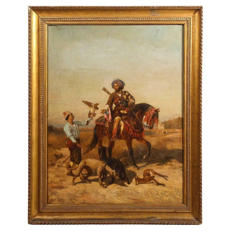 Jules Didier (1831-1892)  "The Falconer" 

Oil on canvas

19th Century

Orientalist painting of an Arab riding his brown Arabian horse hunting for Falcon, dressed in traditional garb, with his attendant holding a hawk with dogs and deer in the