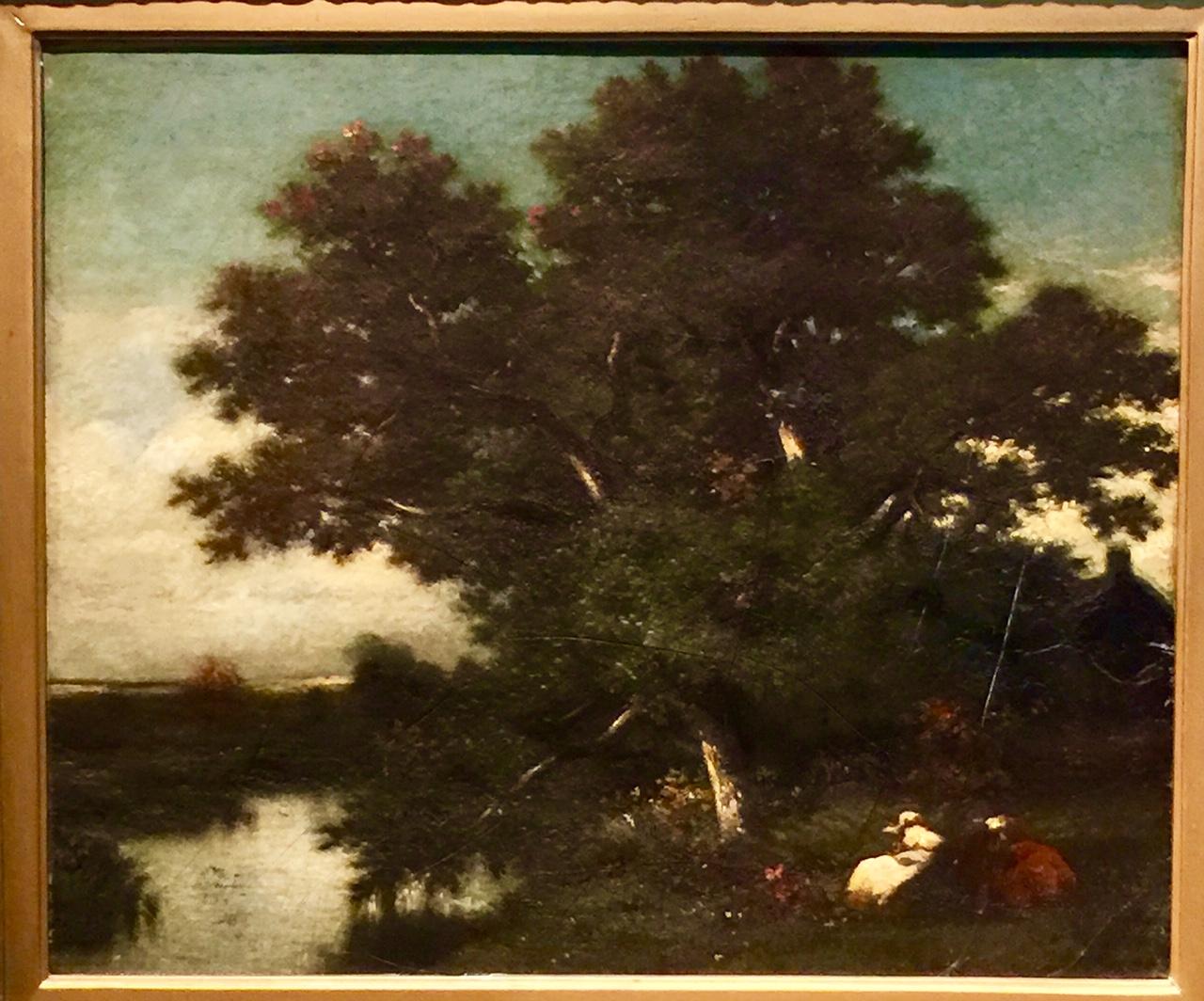 Rare, large and very beautiful oil painting by Jules Dupré (1811-1889), a French artist famous for his dramatic paintings of forests around Paris and one of the leaders of the Barbizon School of landscape painters. Deep, rich colors, moving