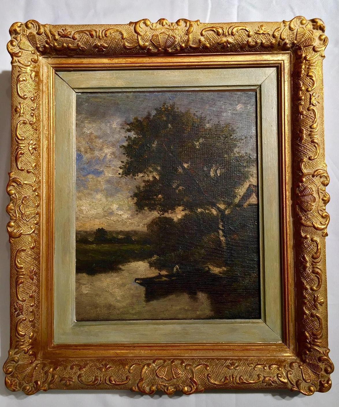 Oil painting on wood attributed to Jules Dupré (1811-1889), a French artist famous for his dramatic paintings of forests around Paris and one of the leaders of the Barbizon School of landscape painters. Deep, rich colors, moving rendition of the