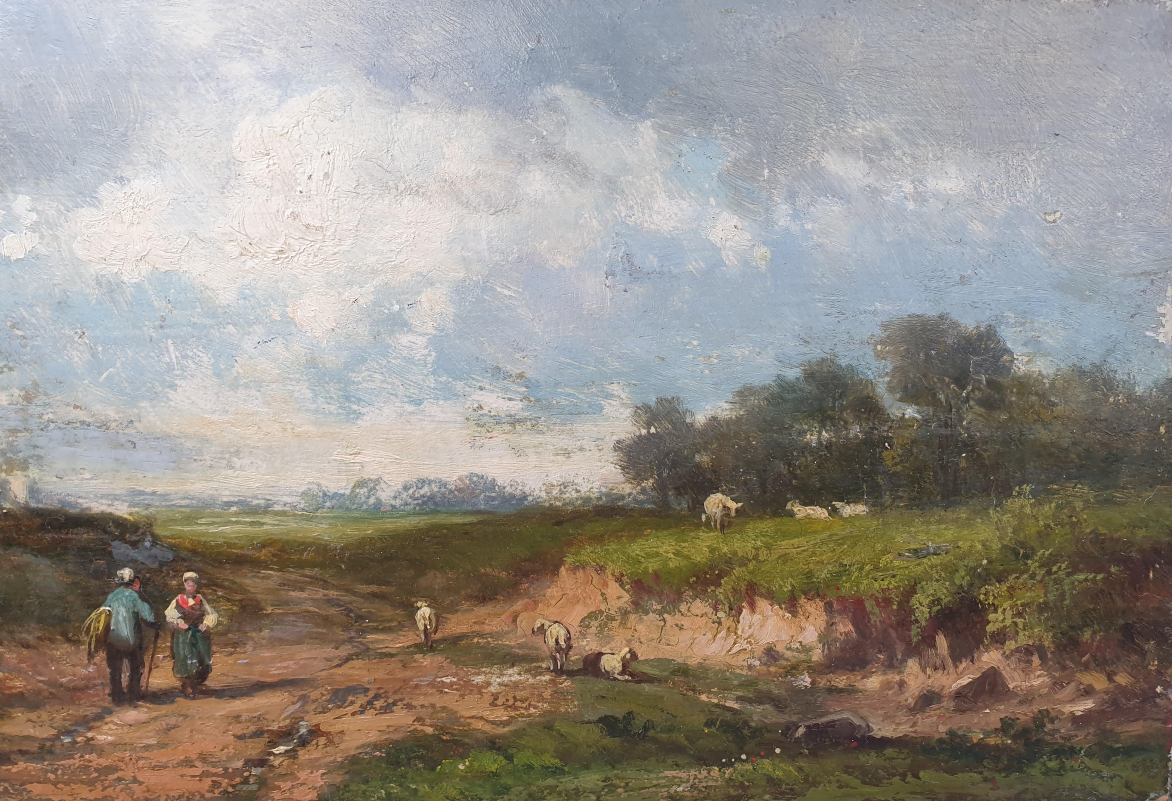 Scuola di Barbizon DUPRE Paesaggio foresta 19° dipinto francese - Landscape Painting Beige di Jules Dupre