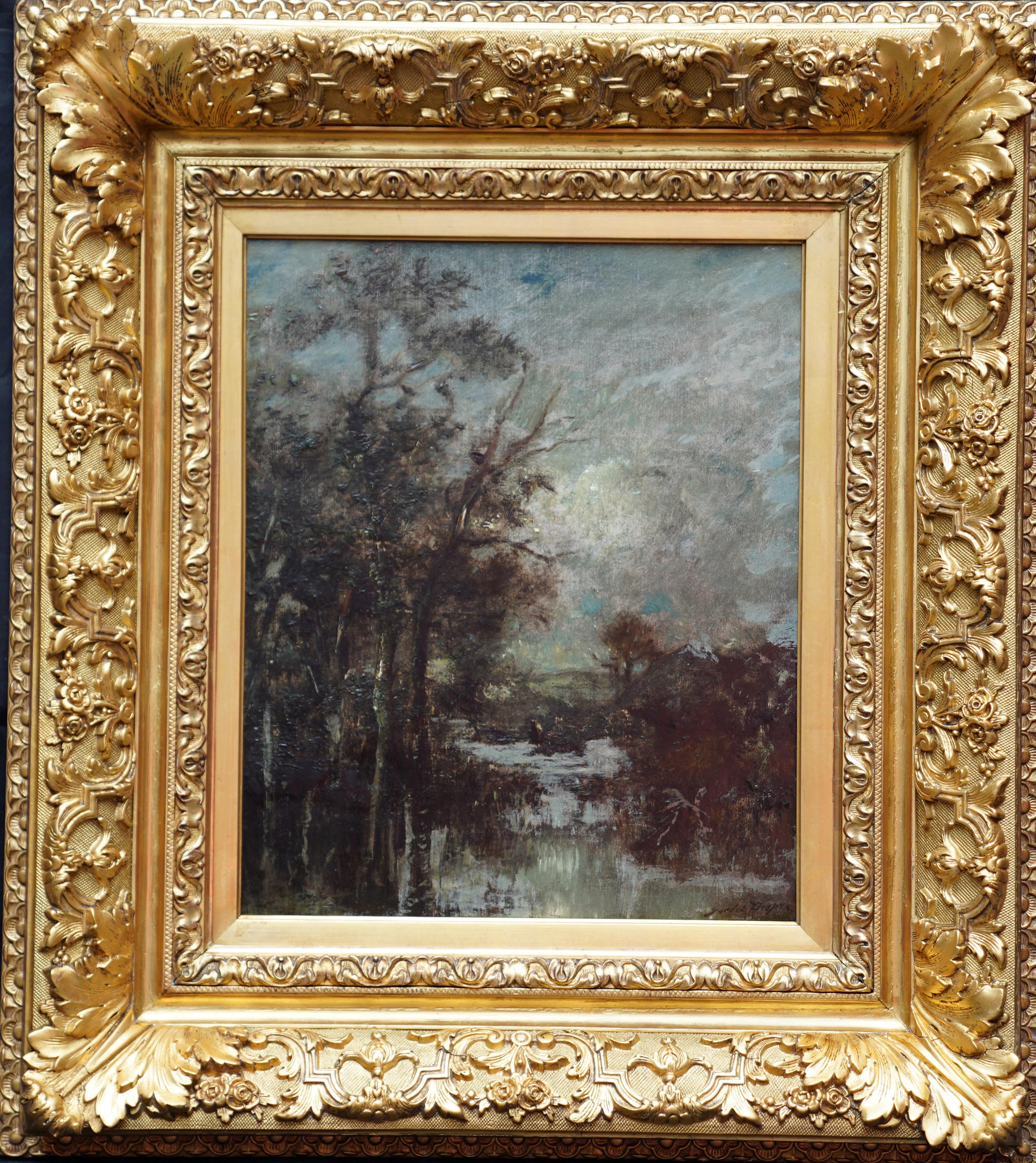 River Landscape with Trees - French 19thC Victorian Barbizon art oil painting  4
