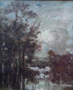 River Landscape with Trees - French 19thC Victorian Barbizon art oil painting