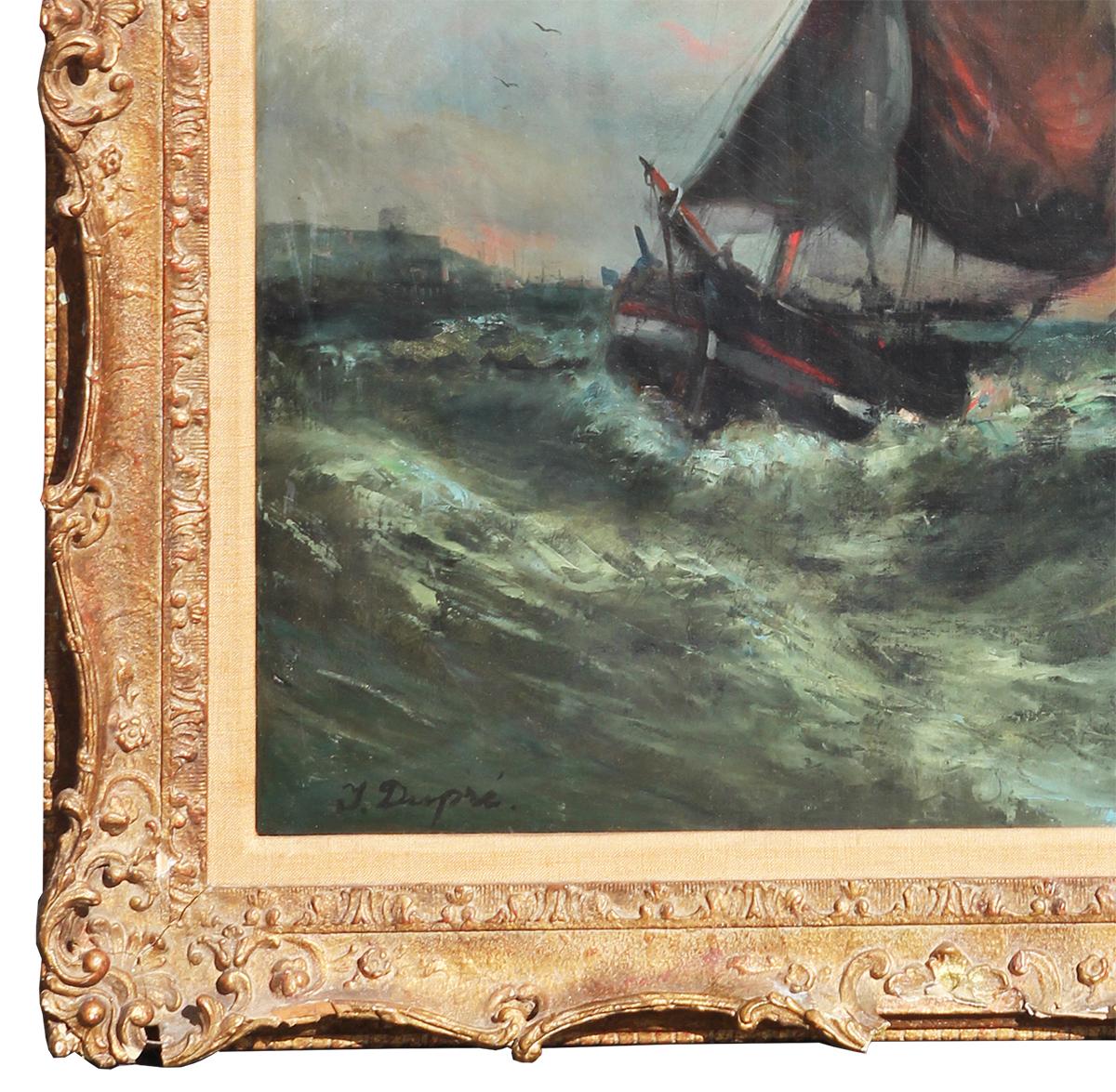 Blue toned impressionist sunset seascape depicting a boat in a wavy sea. Signed by artist in bottom left. Framed in a carved vintage frame. 

Dimensions Without Frame: H 10 in. x W 12.88 in.

Artist Biography: Jules Dupré was a French painter best