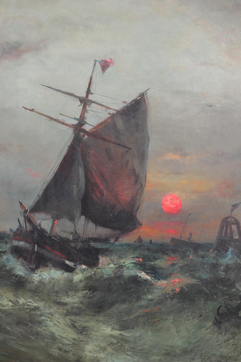 Twentieth Century Blue Toned Sunset Seascape of Boat in Wavy Seas Gemälde im Angebot 5