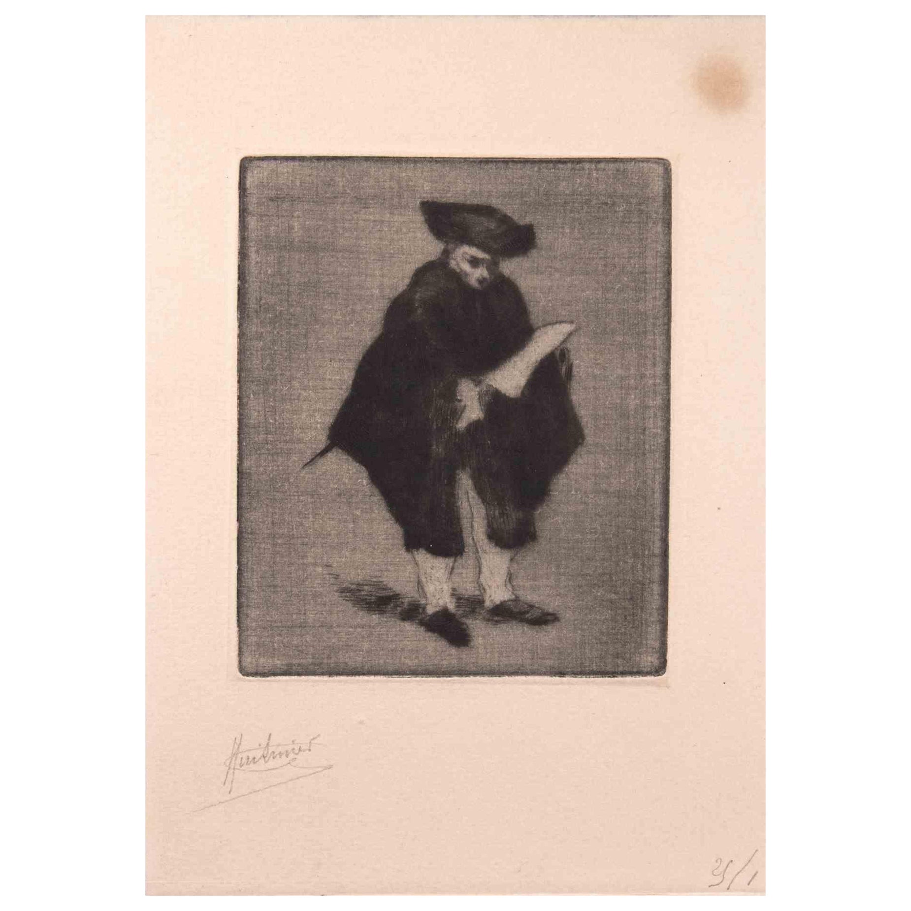 Jules Edmond Cuisinier Figurative Print - The Ccholar - Etching and Aquatint by J.E. Cuisinier - 1877