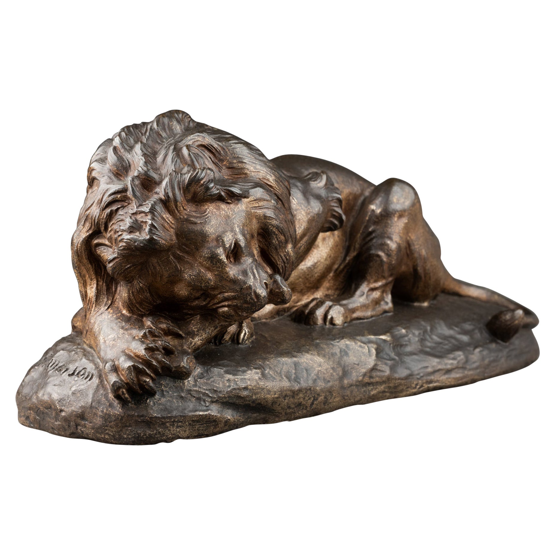 Jules Edmond Masson : "Reclining Lion, gnawing a Bone", bronze sculpture C. For Sale