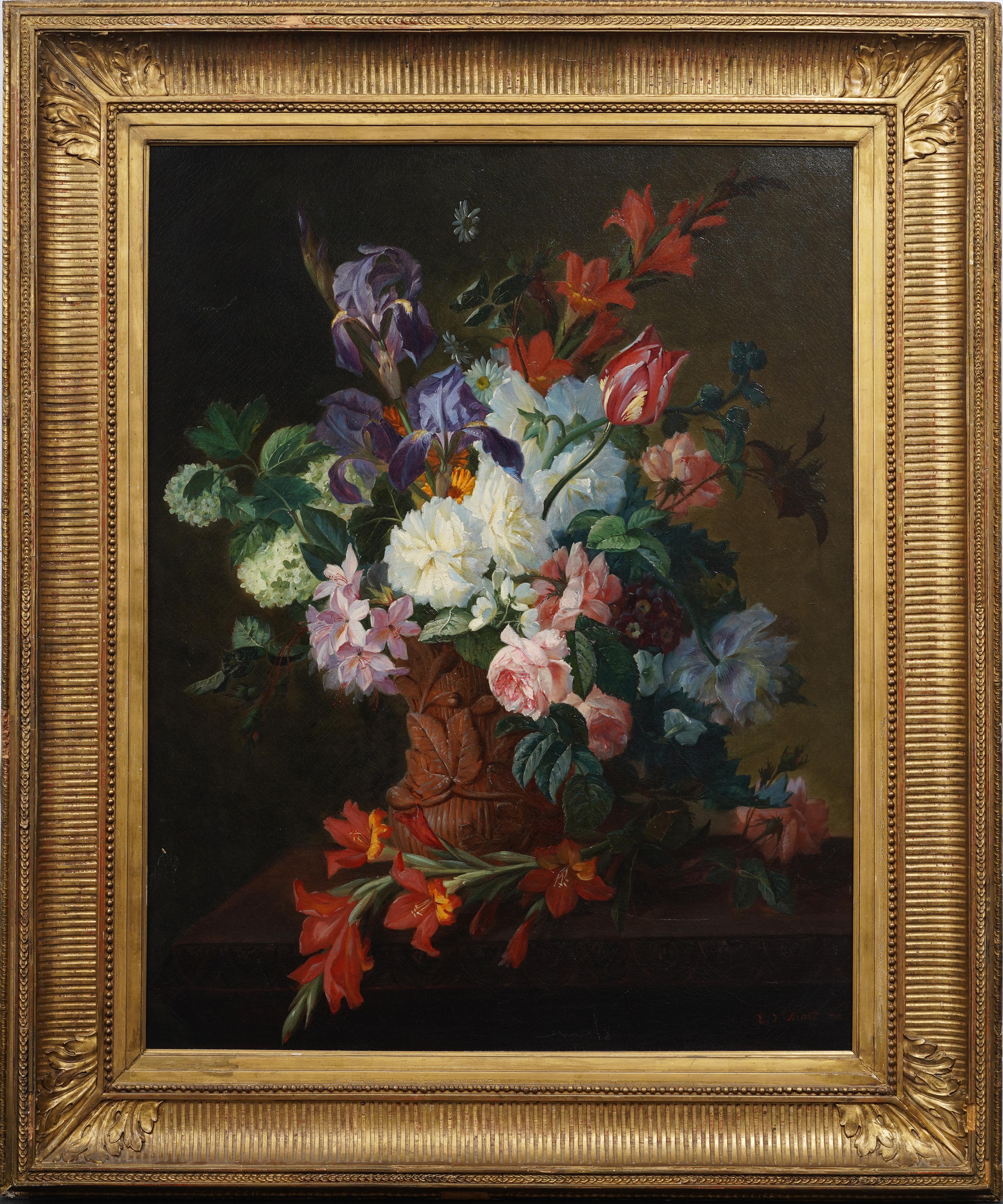 Antique French Large Finely Framed 19th C Realist Flower Still Life Oil Painting - Black Still-Life Painting by Jules Edouard Diart