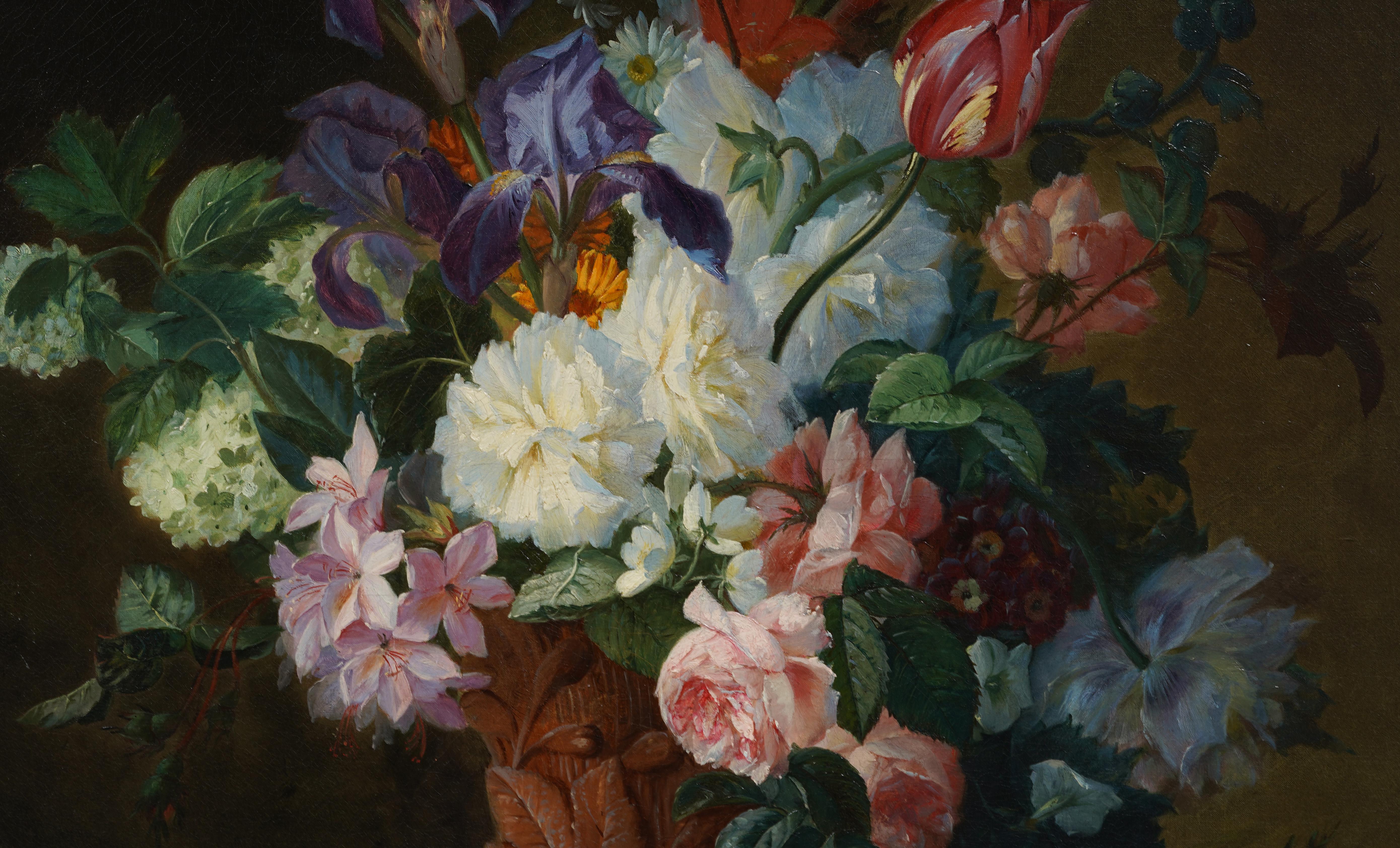 Antique French realist  flower still life painting by Jules Edouard Diart (1840 - 1890) .  Oil on canvas.  Signed. In excellent original condition.  Handsomely framed in a period  gold fluted cove molding.  Excellent condition, ready to hang and