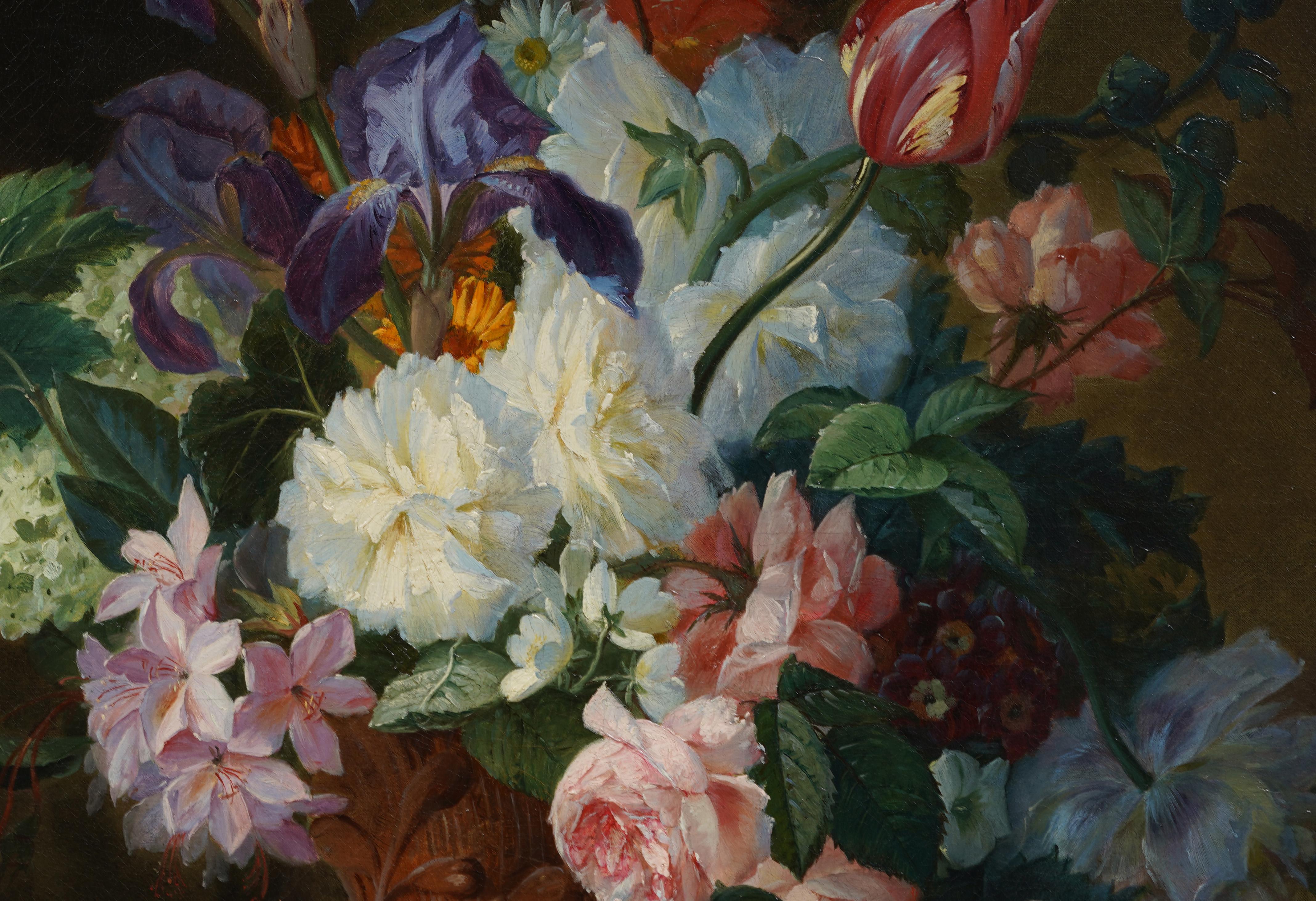 Antique French Large Finely Framed 19th C Realist Flower Still Life Oil Painting For Sale 1