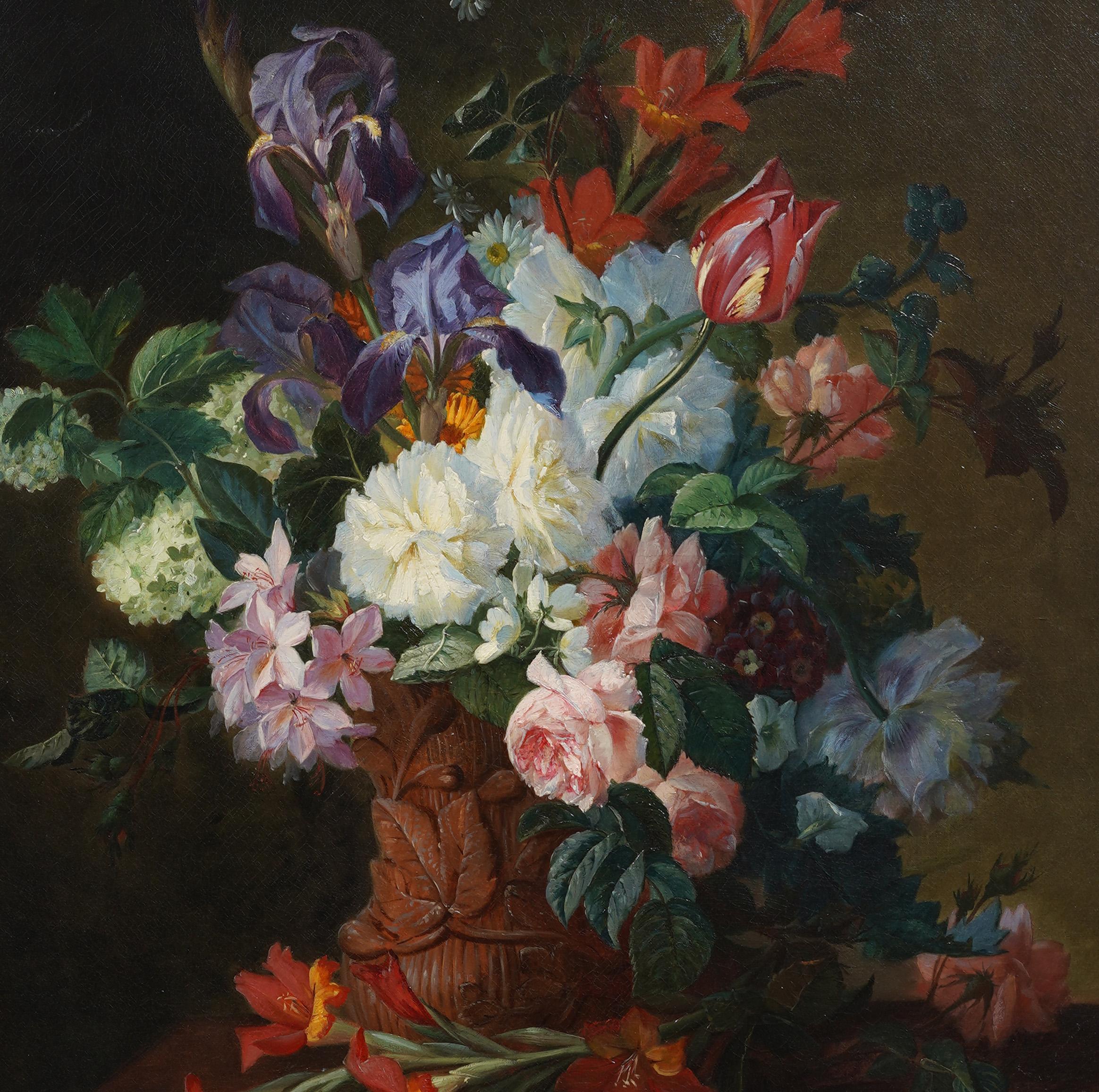 Antique French Large Finely Framed 19th C Realist Flower Still Life Oil Painting For Sale 4