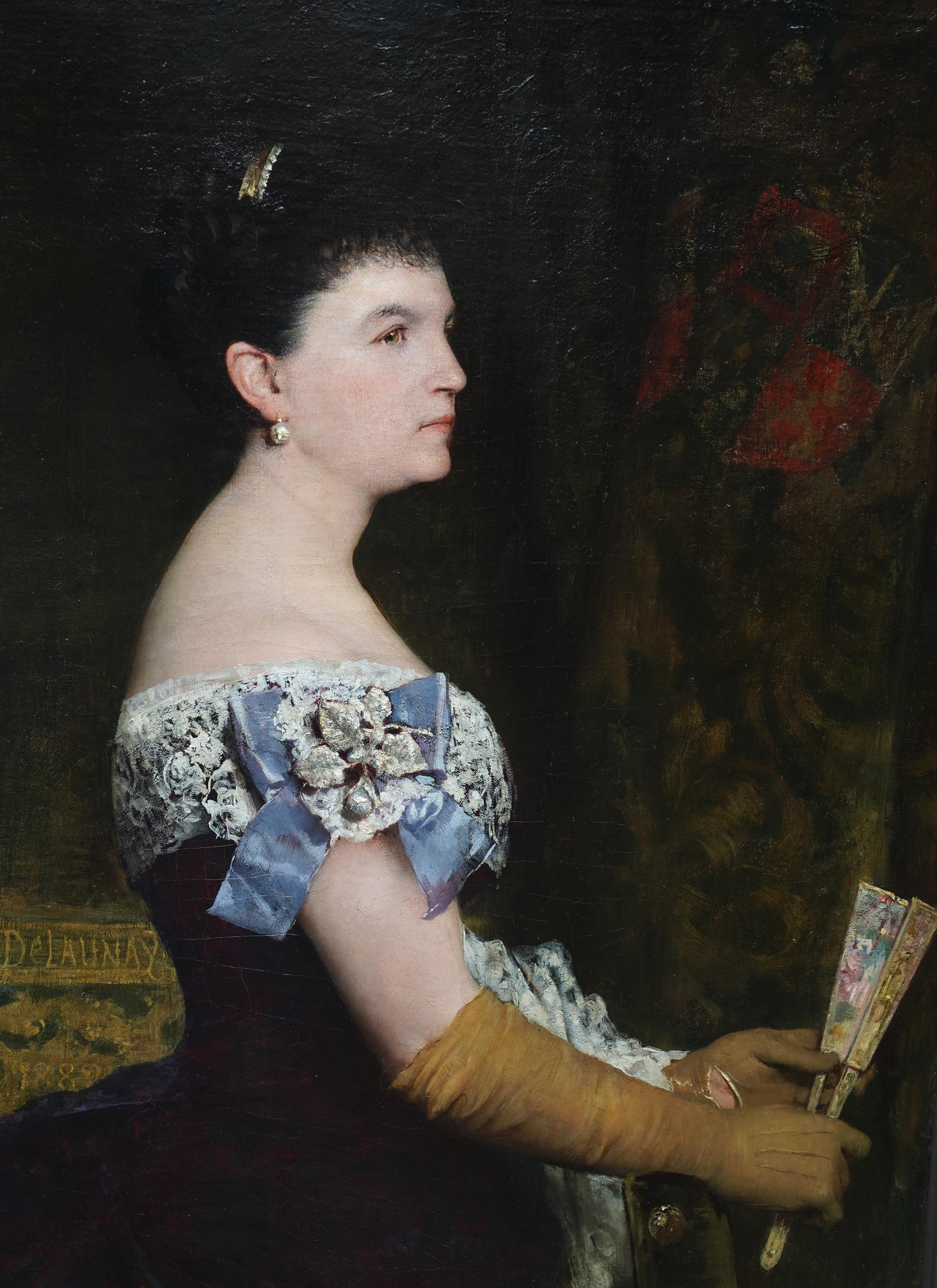 La Marquesa De Escombreras - Peinture à l'huile d'art française du 19e siècle représentant un portrait de femme  - Painting de Jules Elie Delaunay