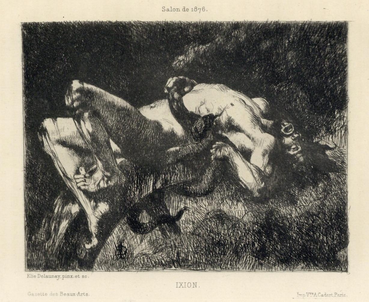 "Ixion" original etching - Print by Jules Elie Delaunay
