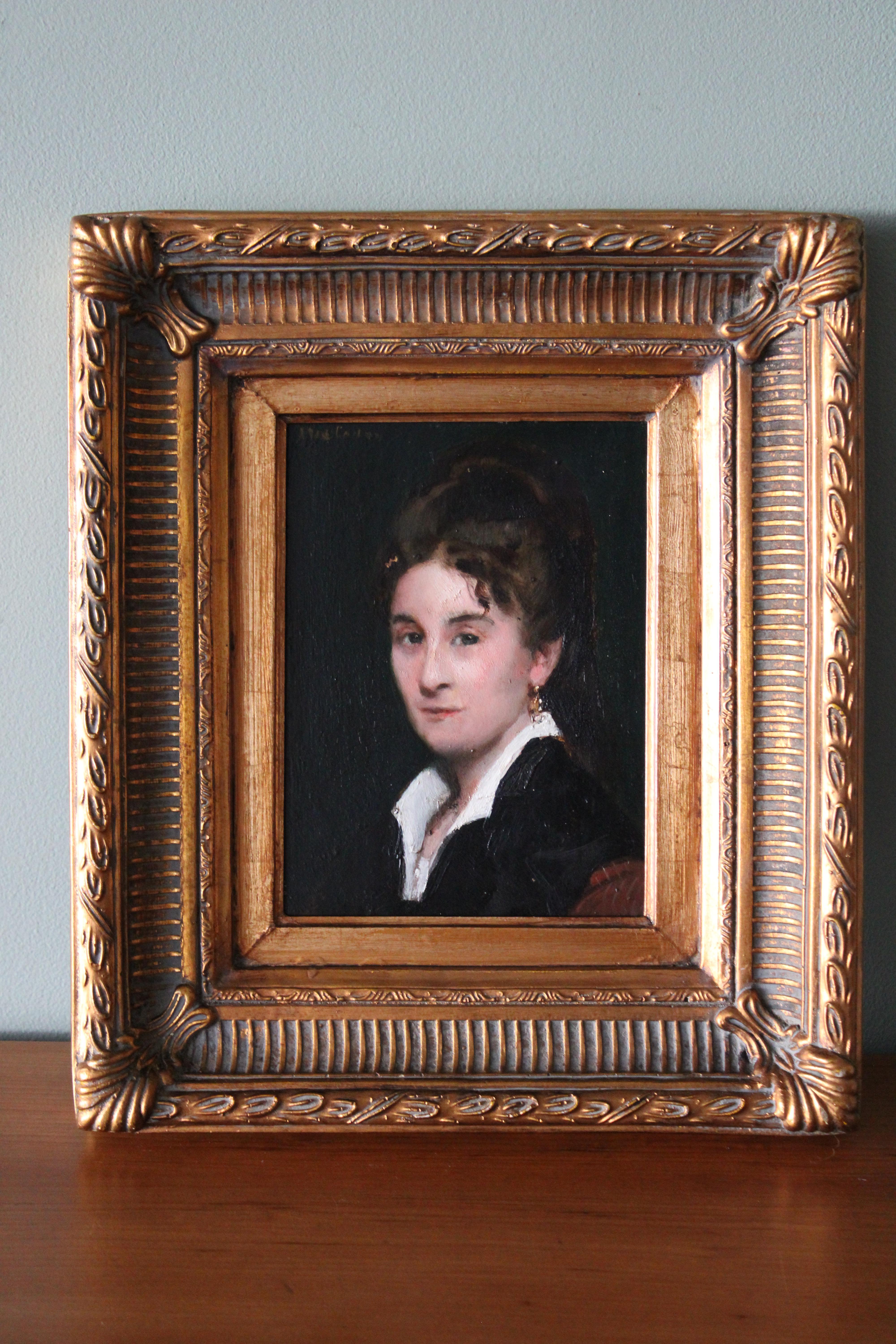 Antique portrait of a woman, antique oil painting, female portrait - Painting by Jules Emmanuel Valadon