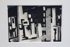 Cityscape, black, white, grey abstract painting of a city scene at night 