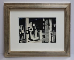 Cityscape, black, white, grey abstract painting of a city scene at night