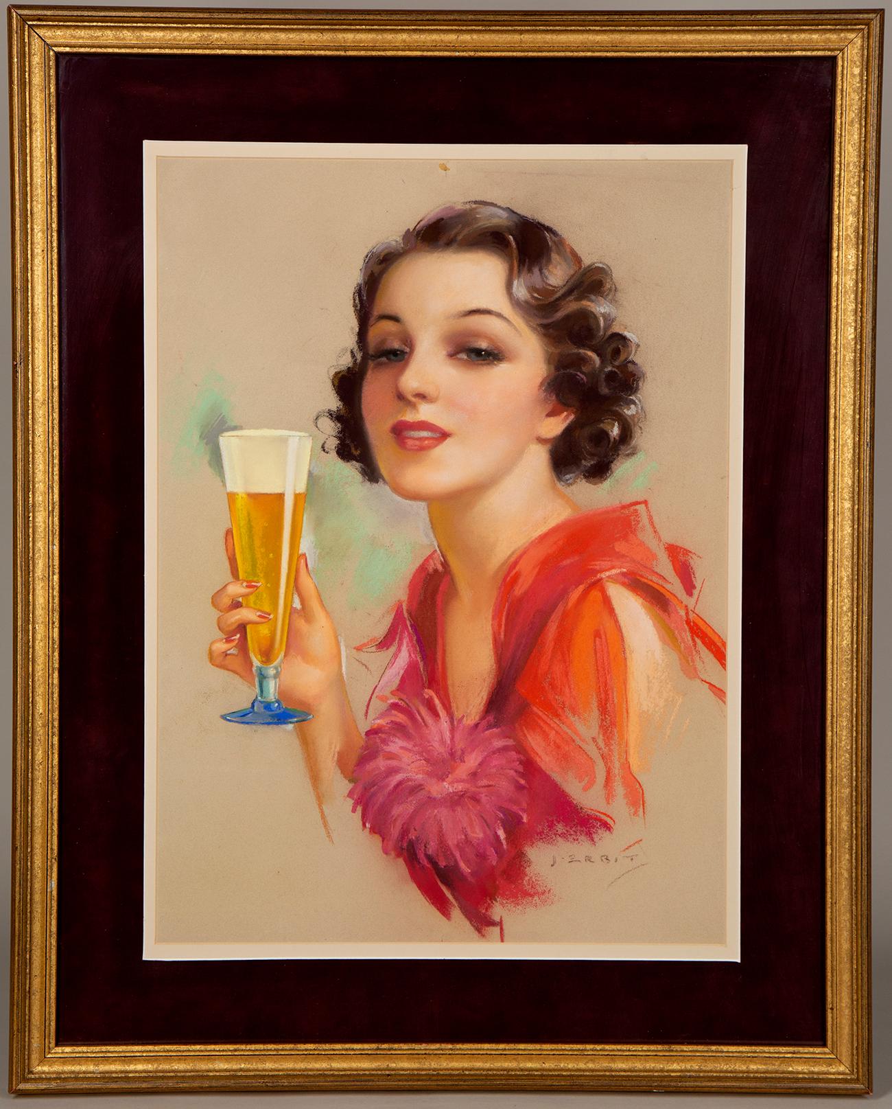 Cheers! Art Deco Pin-Up Beer Girl - Painting by Jules Erbit